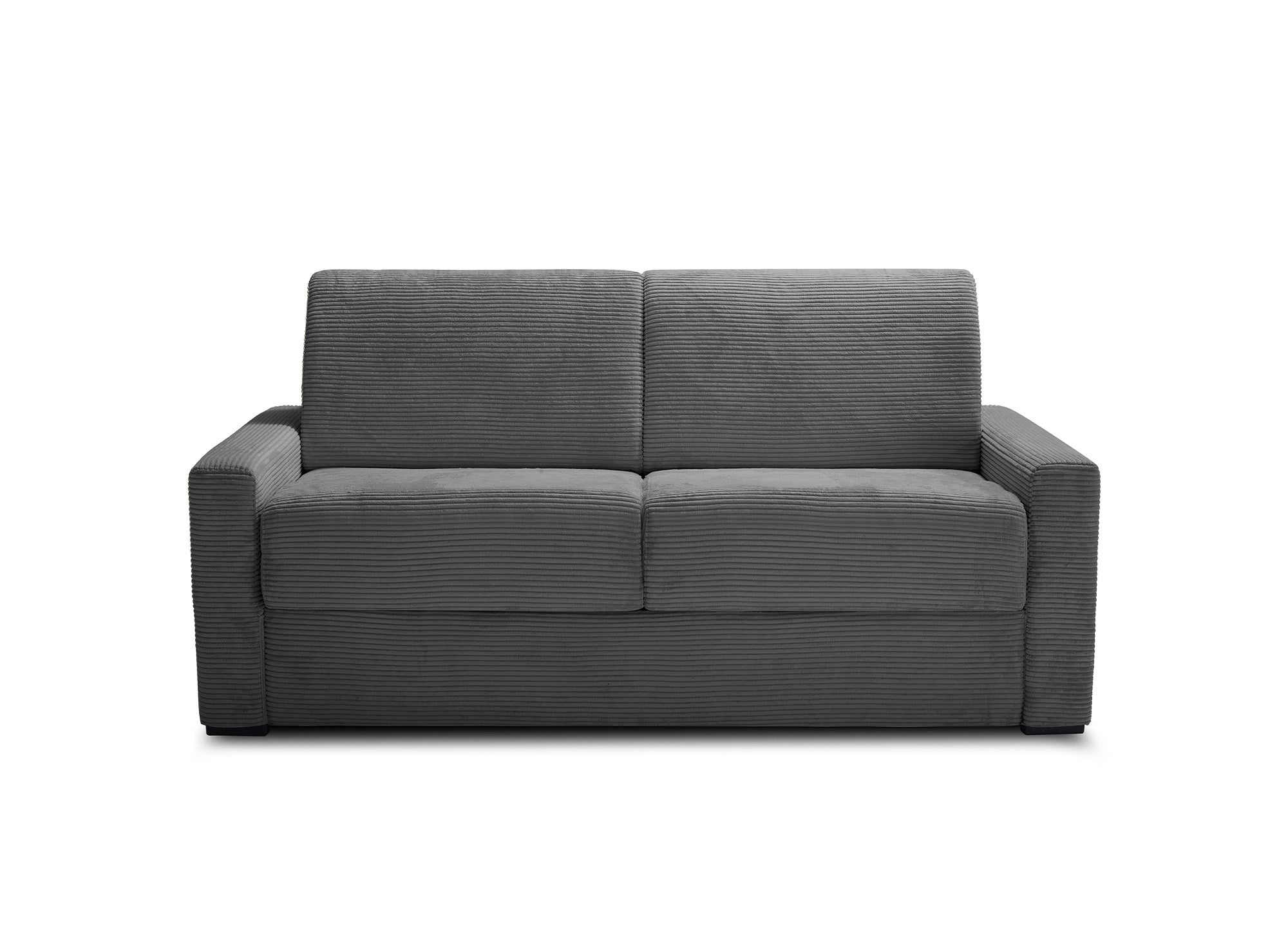 Sofá cama LOUNA LUXE de 3 plazas en pana gris oscuro con apertura rápida y colchón de 18 cm.