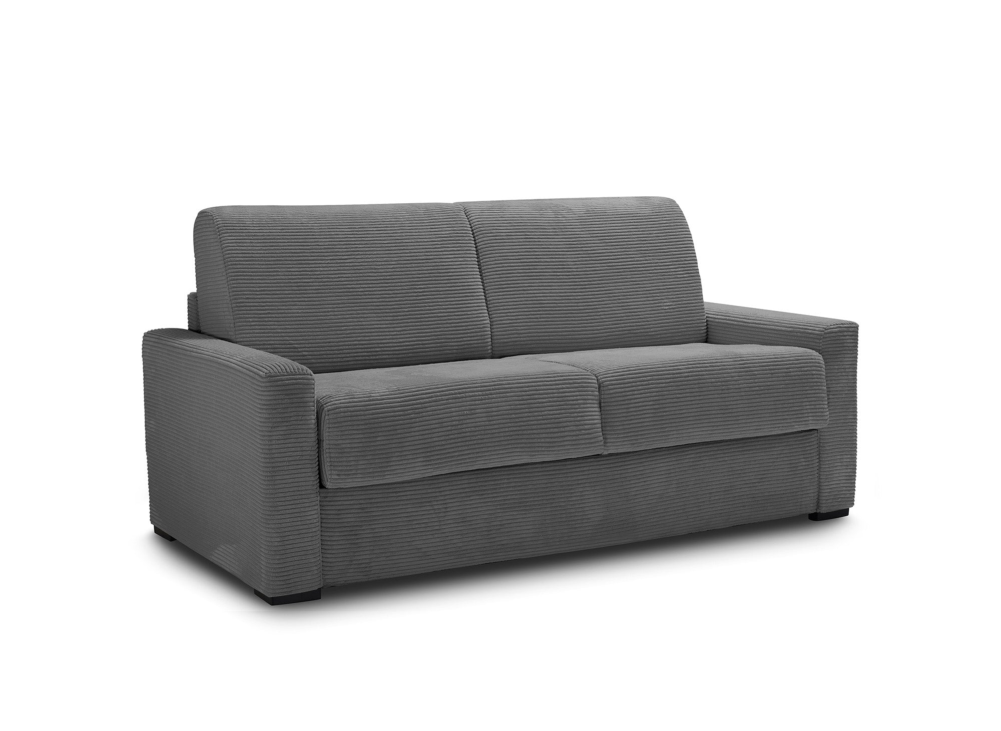 Sofá cama LOUNA LUXE de 3 plazas en pana gris oscuro con apertura rápida y colchón de 18 cm.