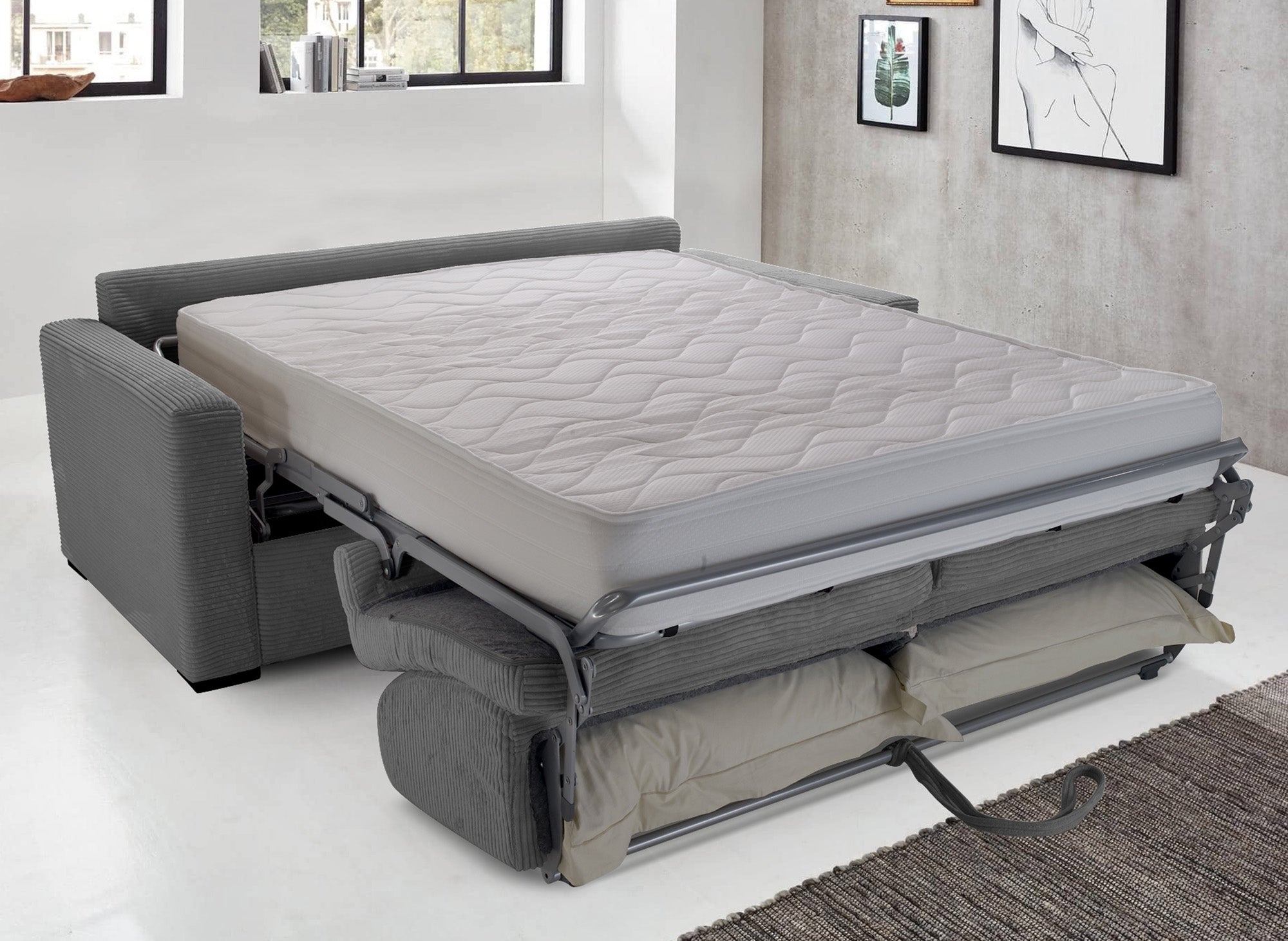 Sofá cama LOUNA LUXE de 3 plazas en pana gris oscuro con apertura rápida y colchón de 18 cm.