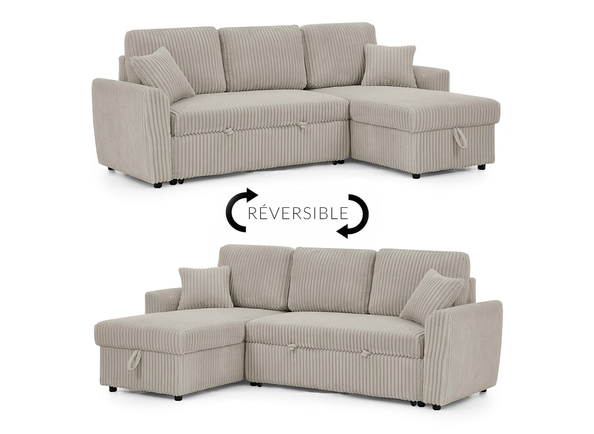 Sofá esquinero convertible y reversible ADRYEN con almacenaje en pana gruesa color topo