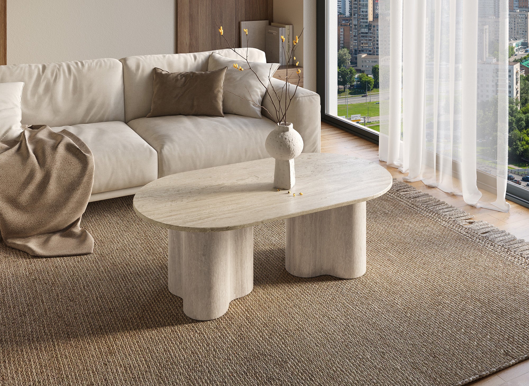 Mesa de centro VANINA en mármol compuesto beige con patas de forma orgánica