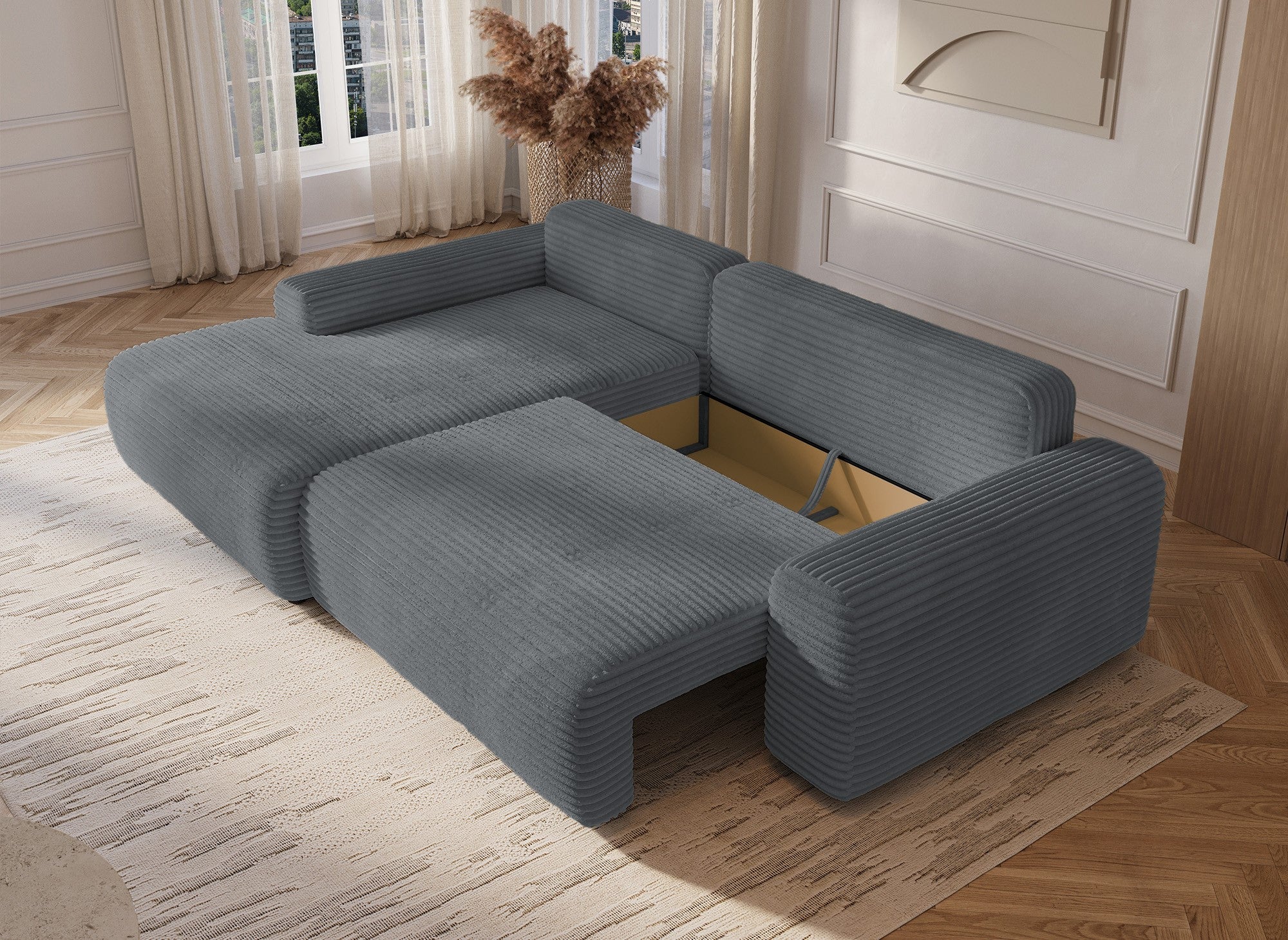 Sofá cama esquinero izquierdo BALI con almacenaje en pana gruesa gris oscuro - Esquinero izquierdo