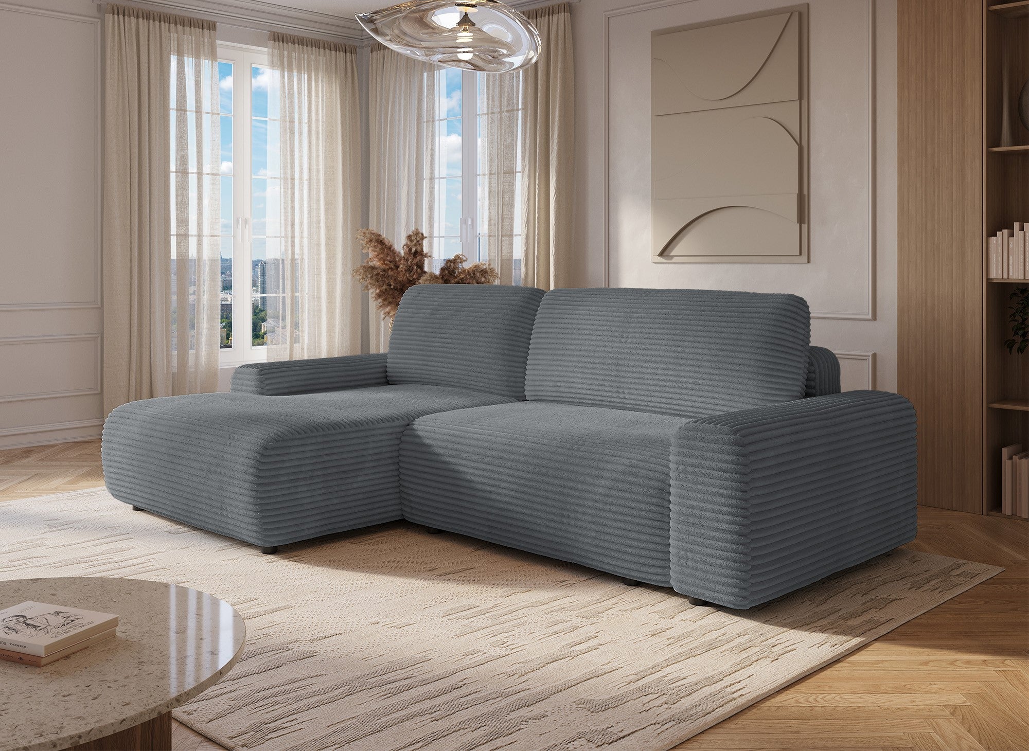 Sofá cama esquinero izquierdo BALI con almacenaje en pana gruesa gris oscuro - Esquinero izquierdo