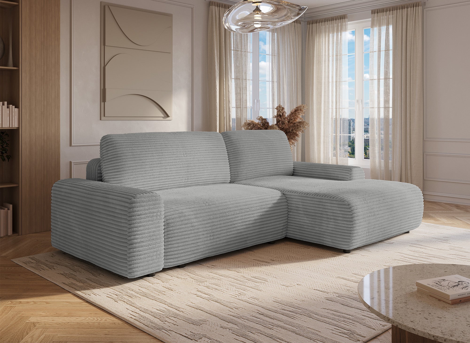 Sofá cama esquinero derecho BALI con almacenaje en pana gruesa gris claro - Esquinero derecho