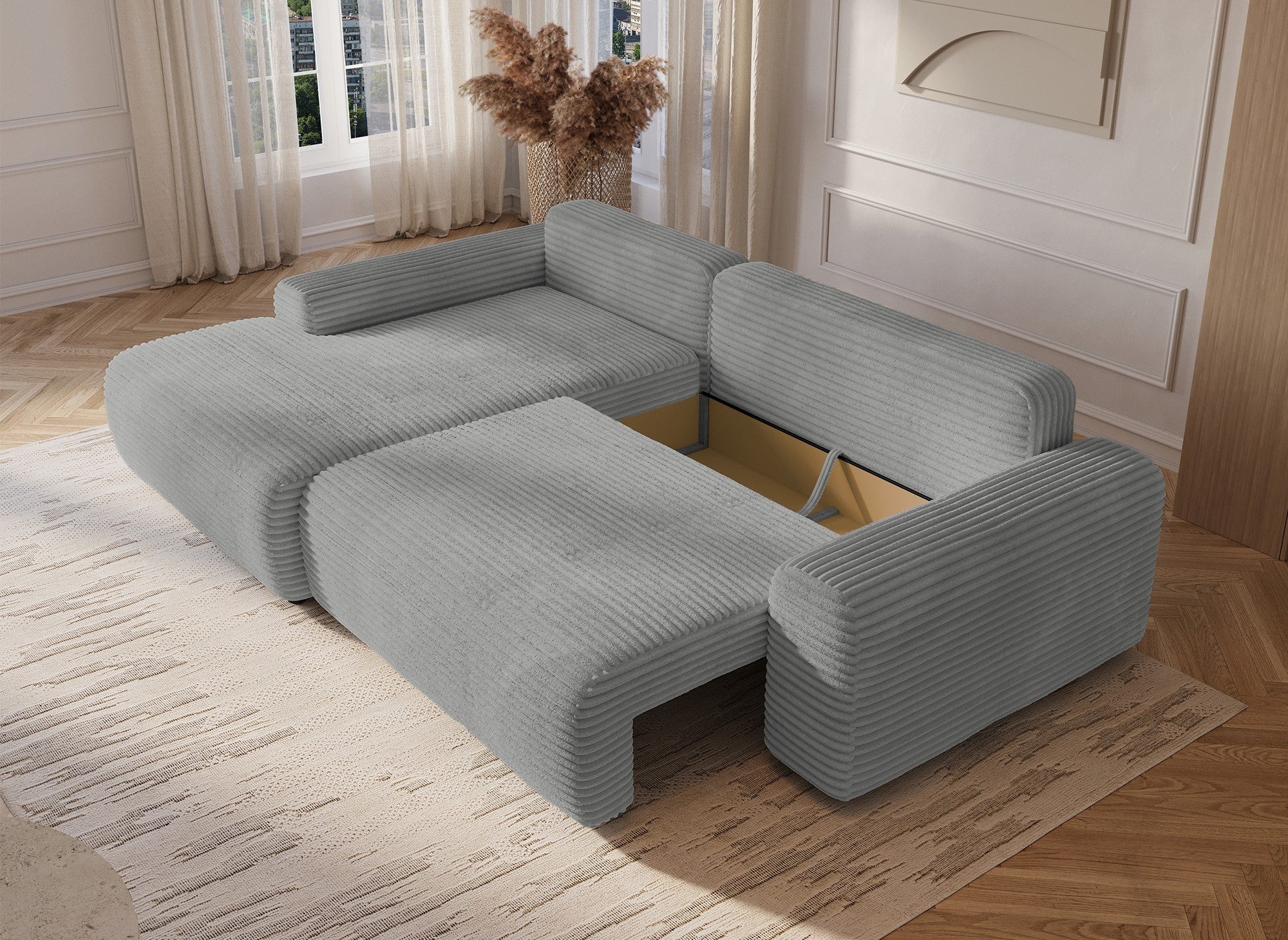 Sofá cama esquinero izquierdo BALI con almacenaje en pana gruesa gris claro - Esquinero izquierdo