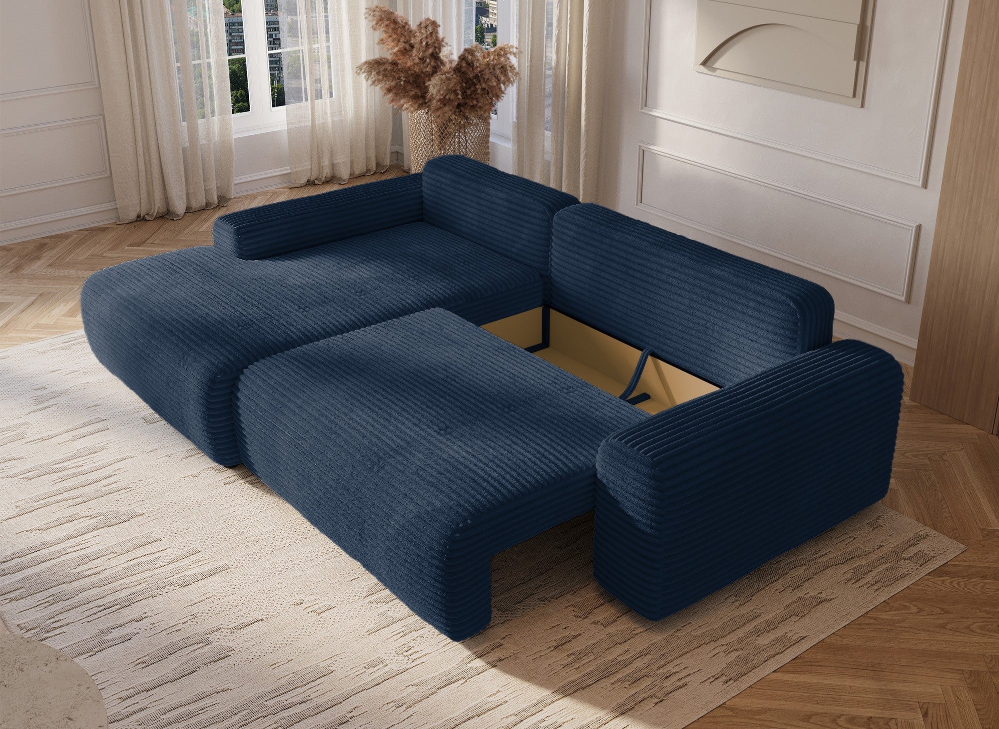 Sofá cama esquinero izquierdo BALI con almacenaje en pana azul oscuro gruesa - Esquinero izquierdo