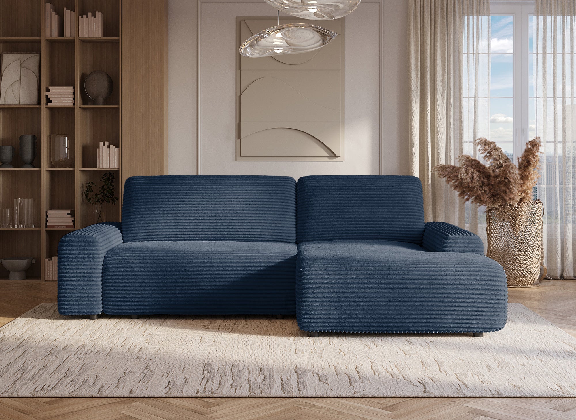 Sofá cama esquinero derecho BALI con almacenaje en pana azul oscuro gruesa - Esquinero derecho