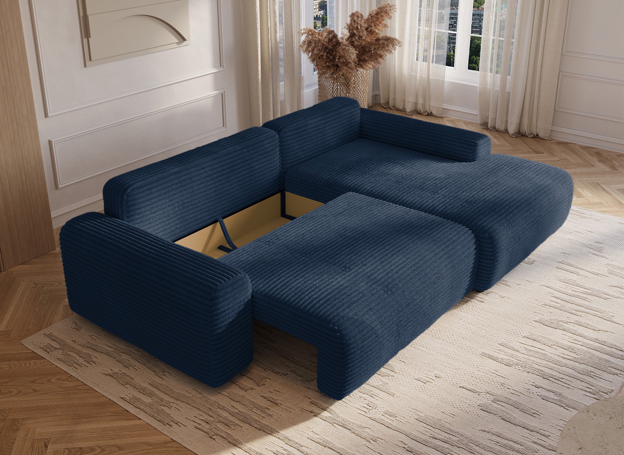 Sofá cama esquinero derecho BALI con almacenaje en pana azul oscuro gruesa - Esquinero derecho