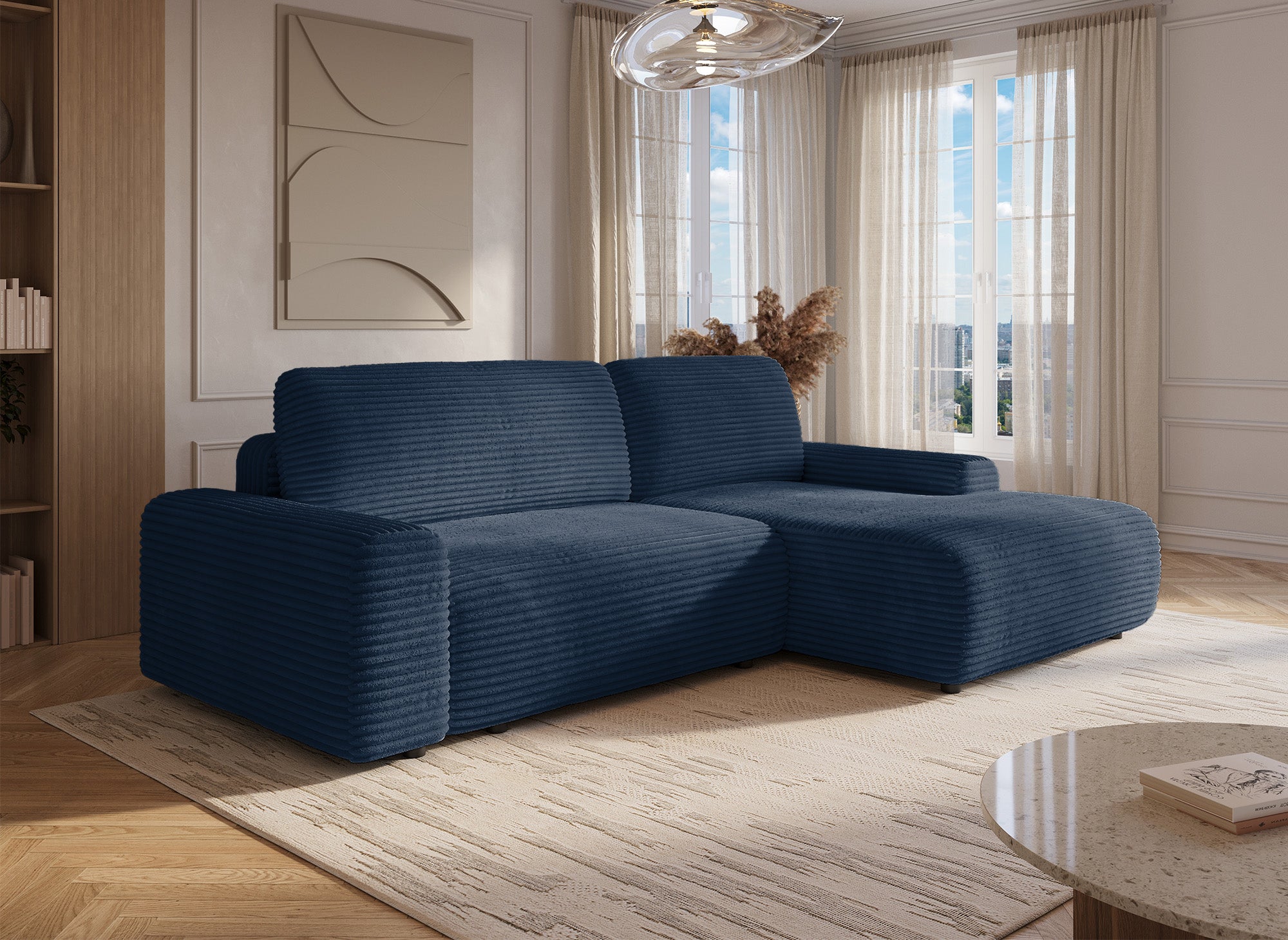 Sofá cama esquinero derecho BALI con almacenaje en pana azul oscuro gruesa - Esquinero derecho