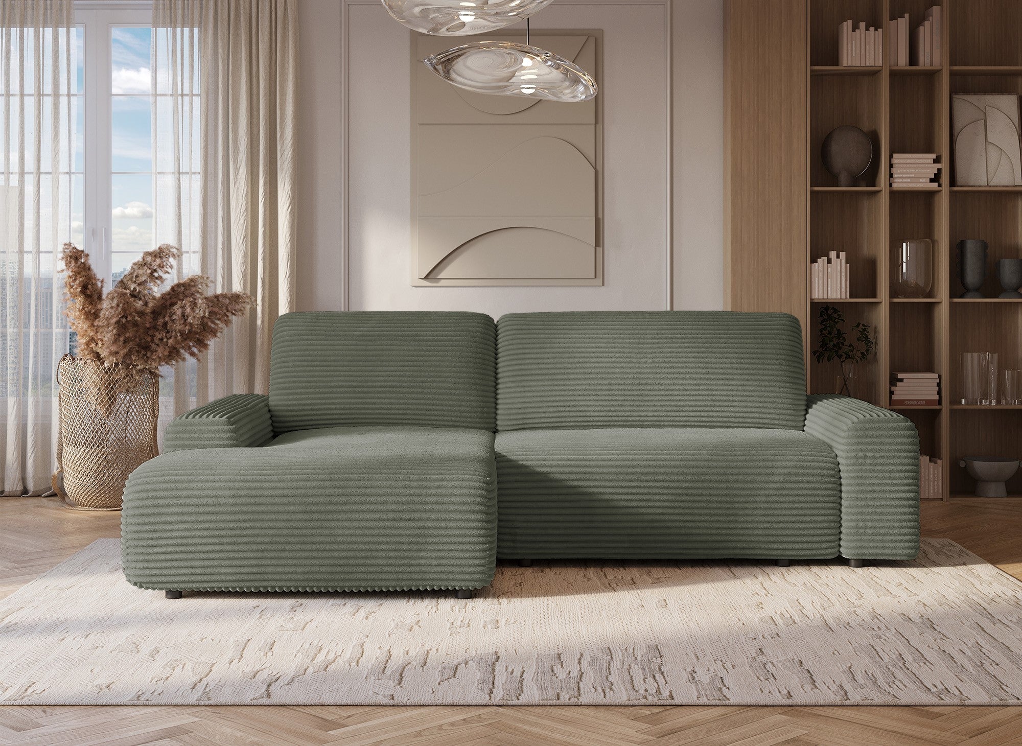 Sofá cama esquinero izquierdo BALI con almacenaje en pana gruesa verde caqui - Esquinero izquierdo