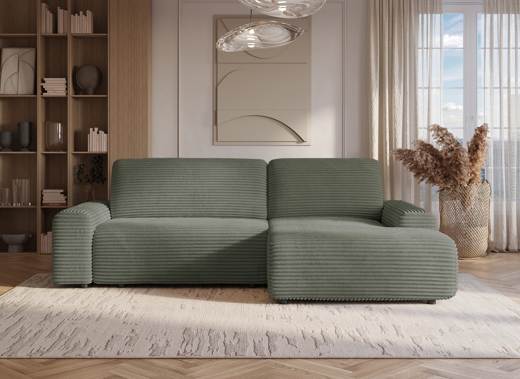 Sofá cama esquinero derecho BALI con almacenaje en pana gruesa verde caqui - Esquinero derecho