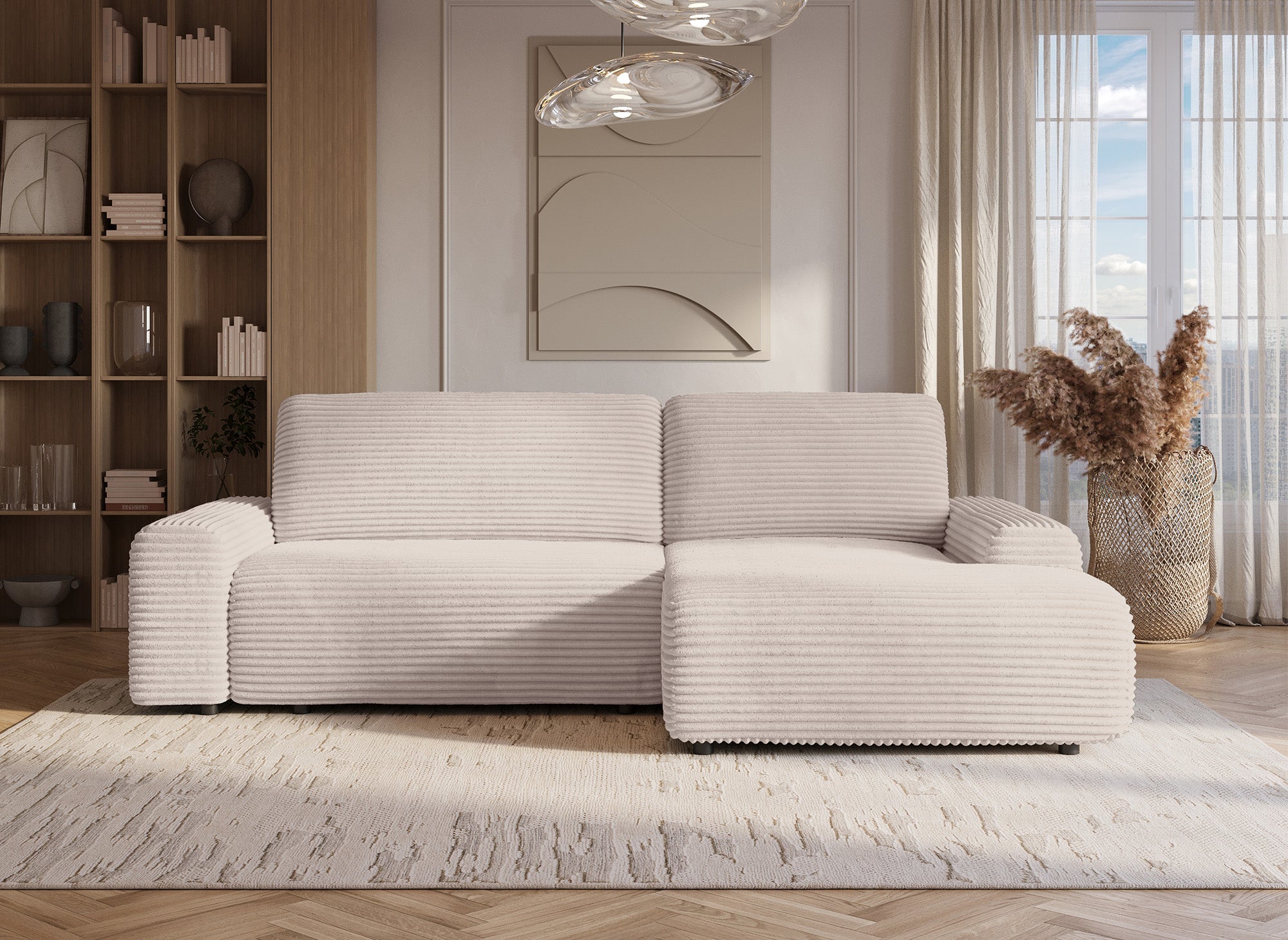 Sofá cama esquinero derecho BALI con almacenaje en pana gruesa beige - Esquinero derecho