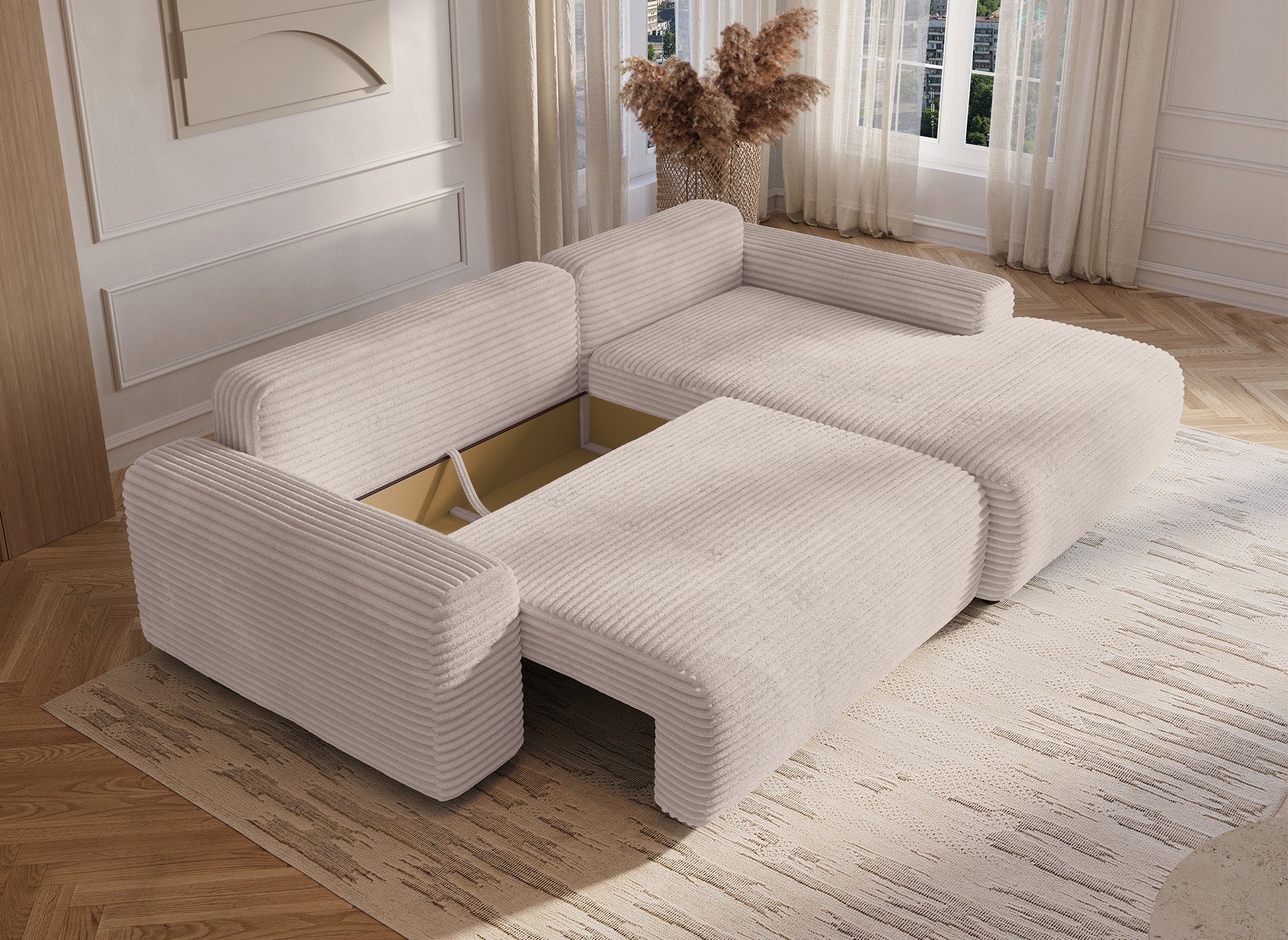 Sofá cama esquinero derecho BALI con almacenaje en pana gruesa beige - Esquinero derecho