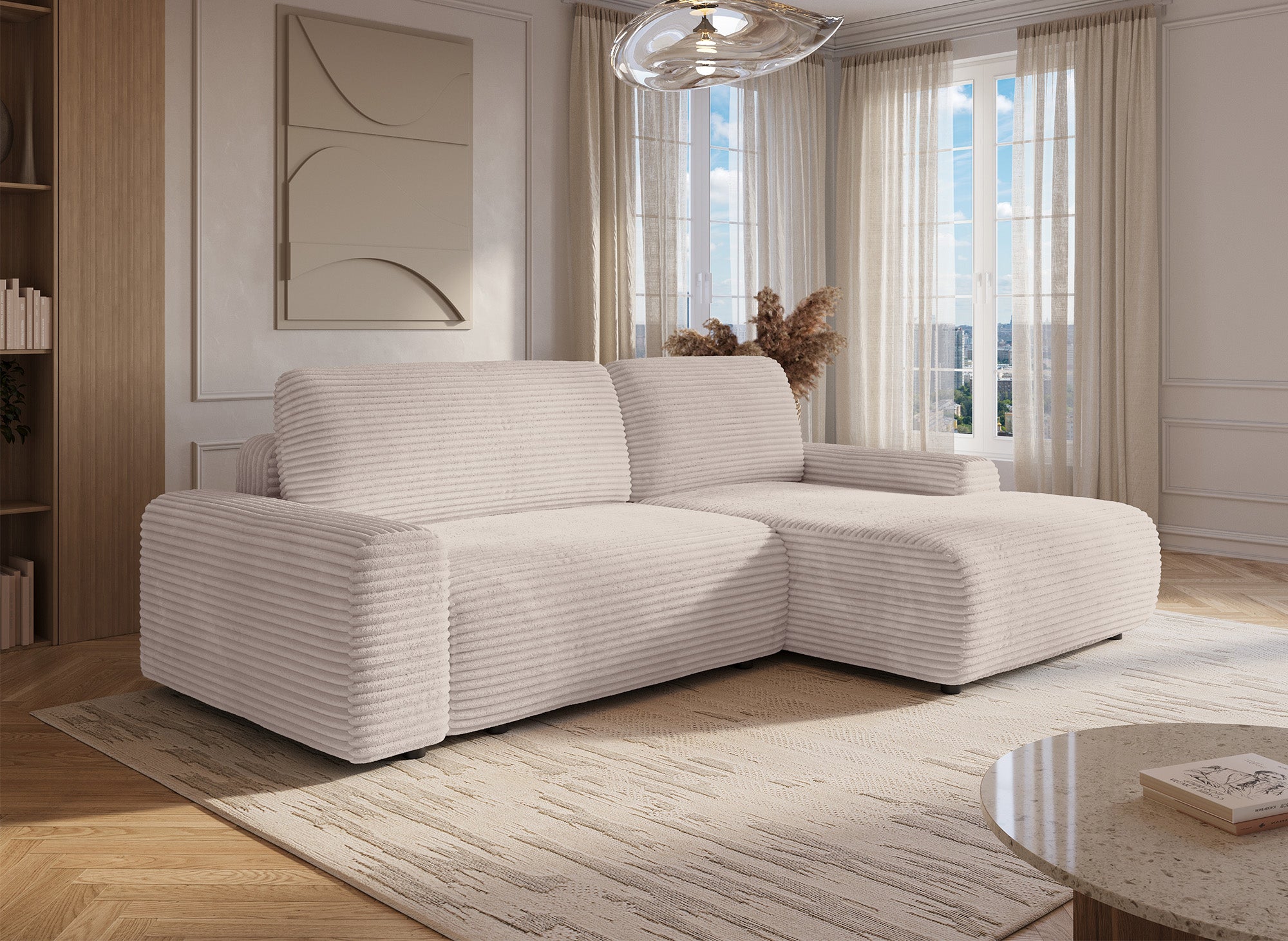 Sofá cama esquinero derecho BALI con almacenaje en pana gruesa beige - Esquinero derecho