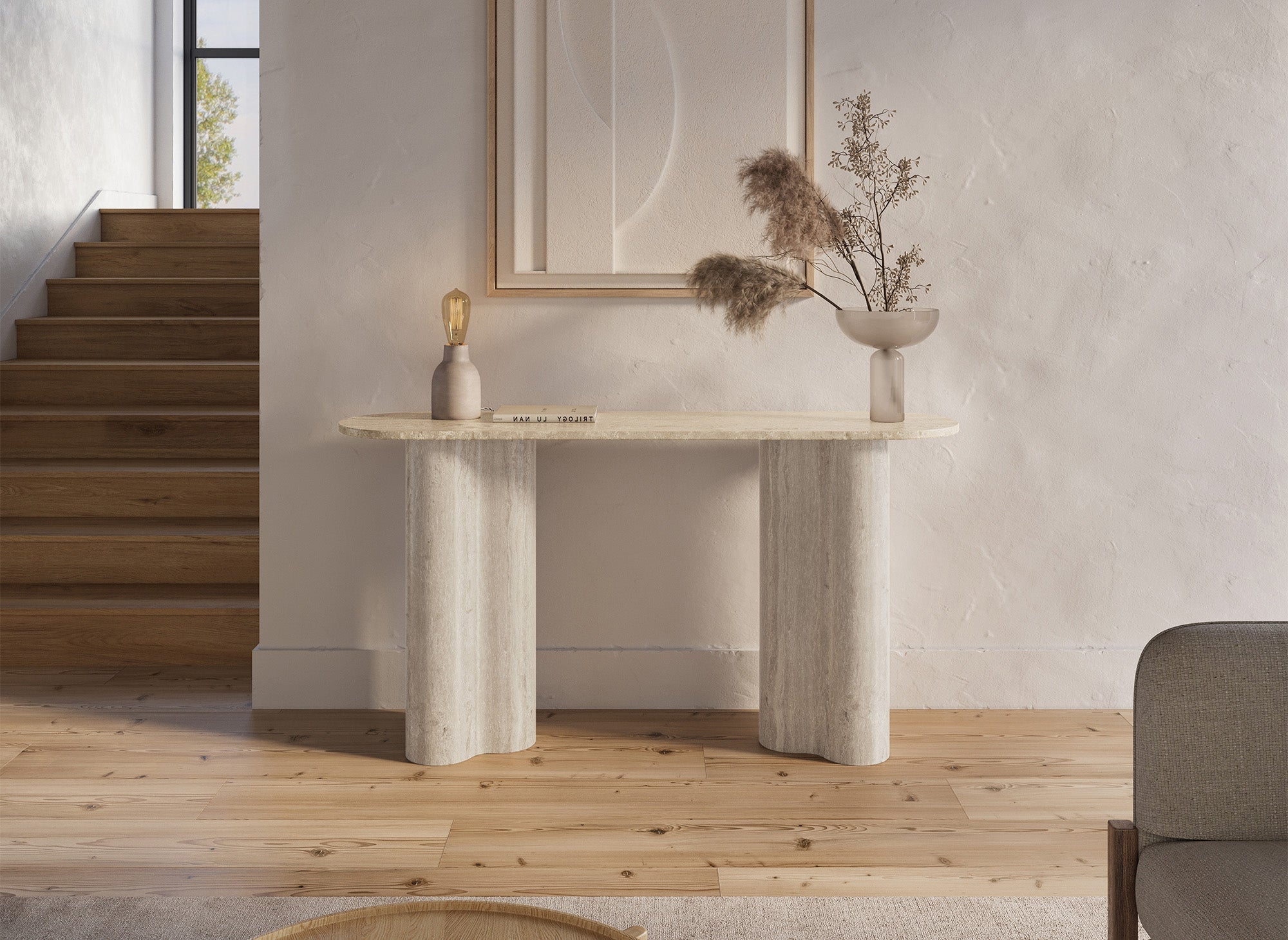 Mesa consola VANINA en mármol compuesto beige con patas de forma orgánica