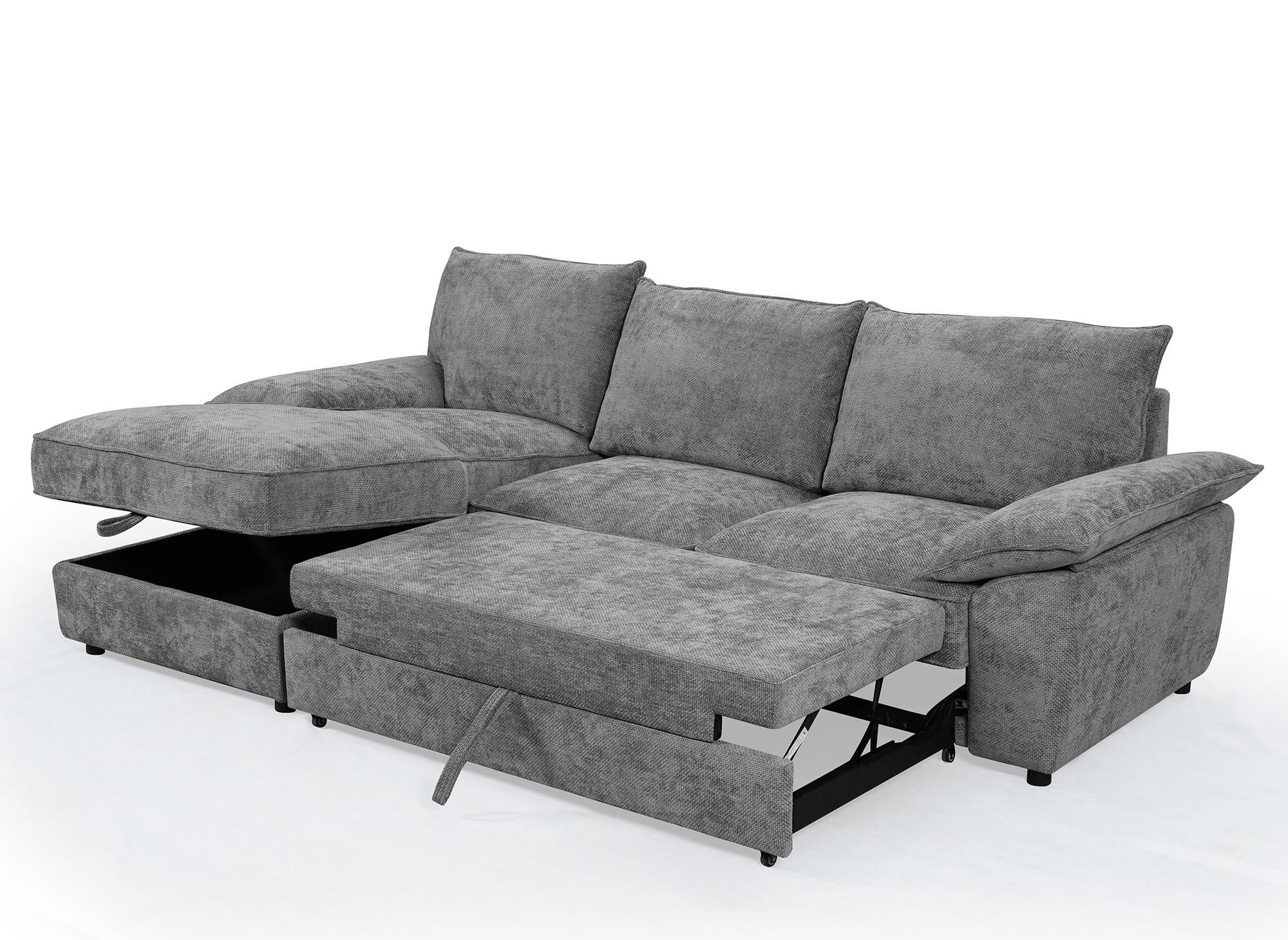 Sofá cama esquinero GABIN con almacenaje en terciopelo gris jaspeado - Esquina izquierda