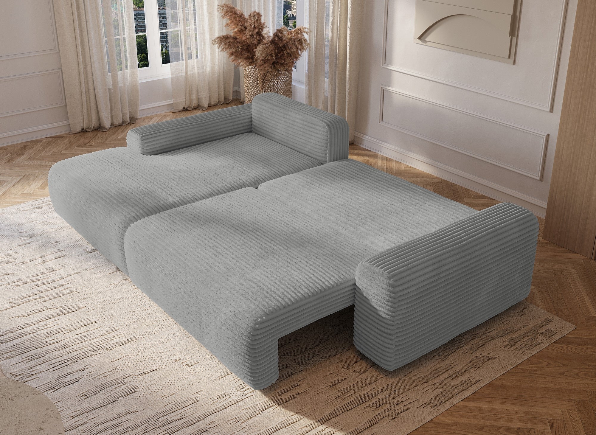 Sofá cama esquinero izquierdo BALI con almacenaje en pana gruesa gris claro - Esquinero izquierdo