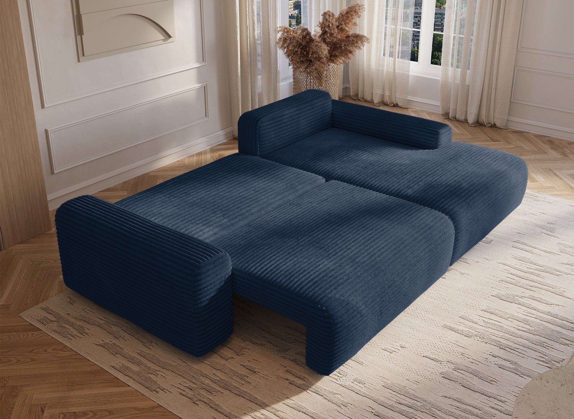 Sofá cama esquinero derecho BALI con almacenaje en pana azul oscuro gruesa - Esquinero derecho