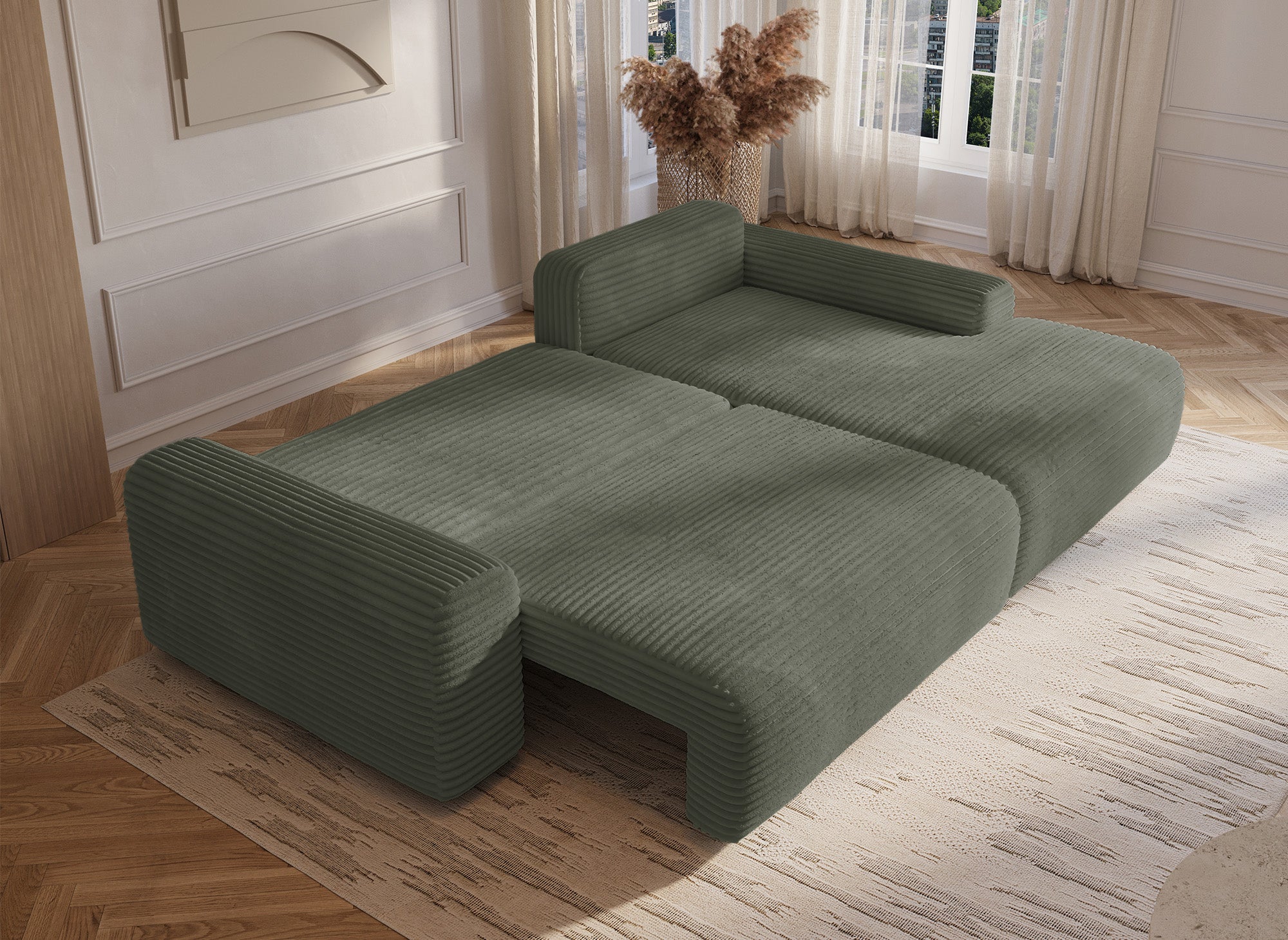 Sofá cama esquinero derecho BALI con almacenaje en pana gruesa verde caqui - Esquinero derecho