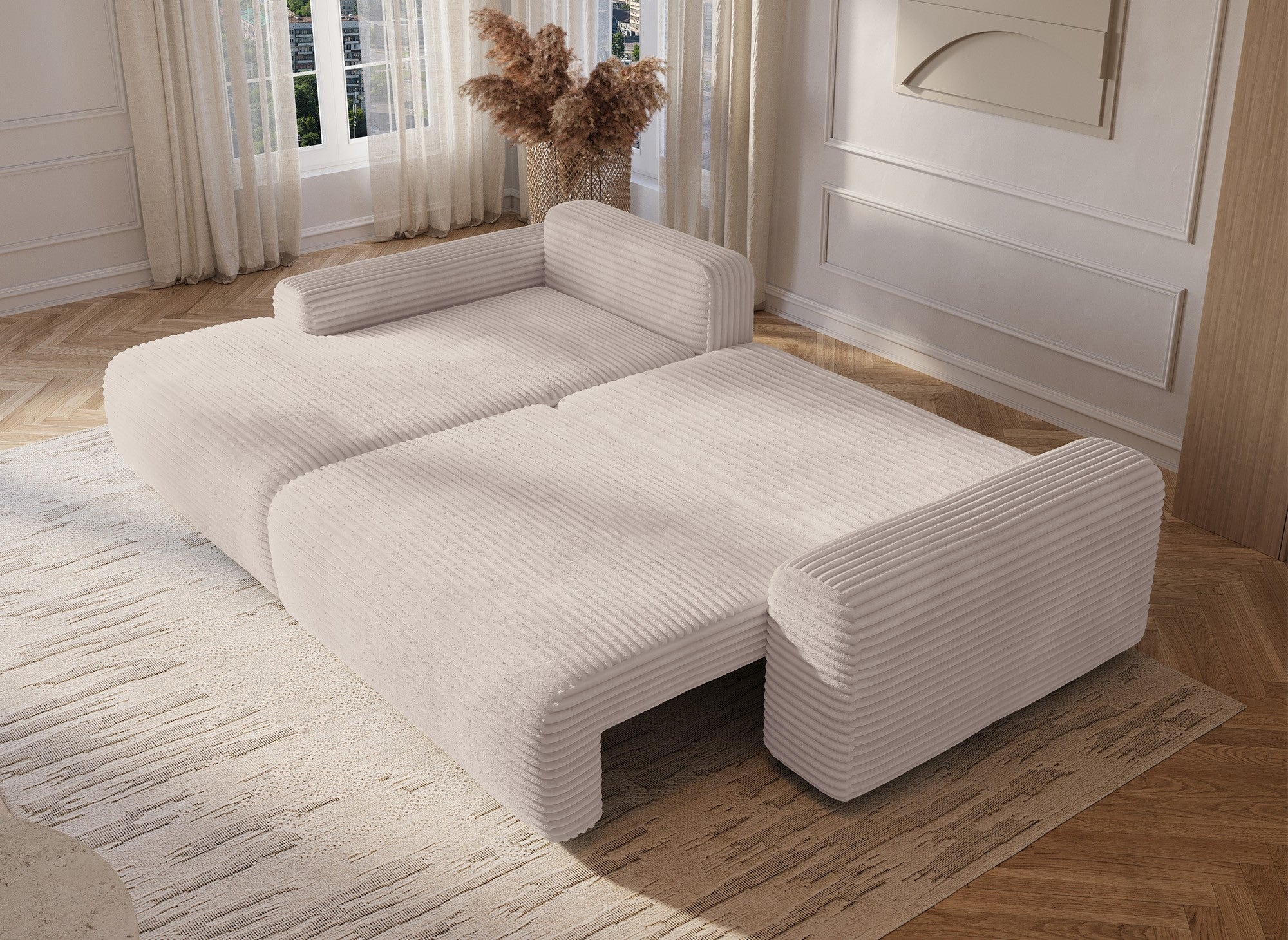 Sofá cama esquinero izquierdo BALI con almacenaje en pana beige gruesa - Esquinero izquierdo