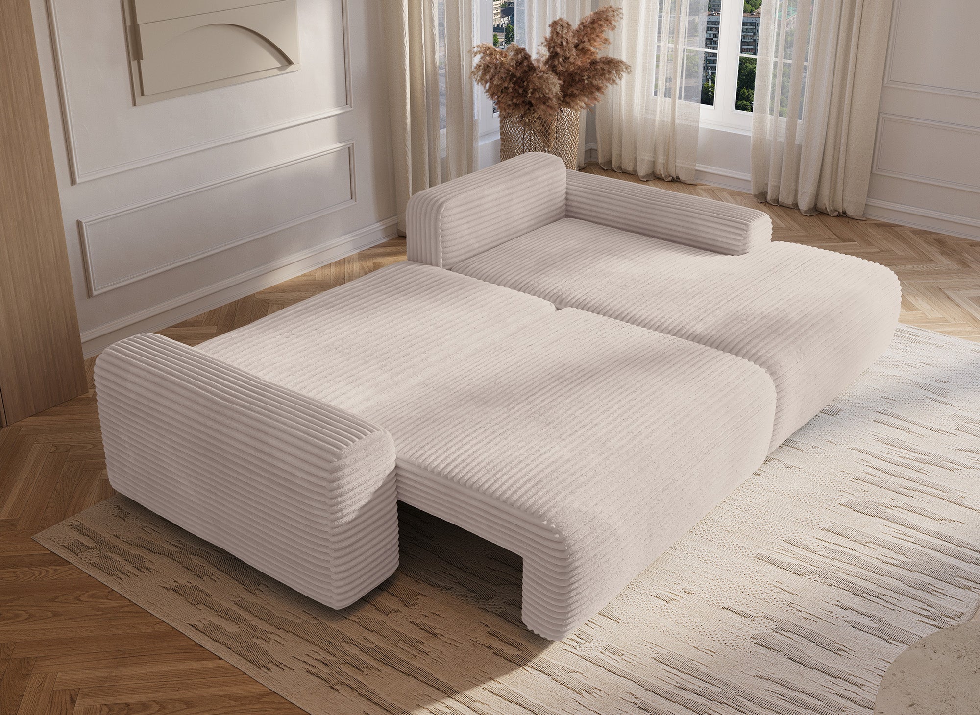 Sofá cama esquinero derecho BALI con almacenaje en pana gruesa beige - Esquinero derecho