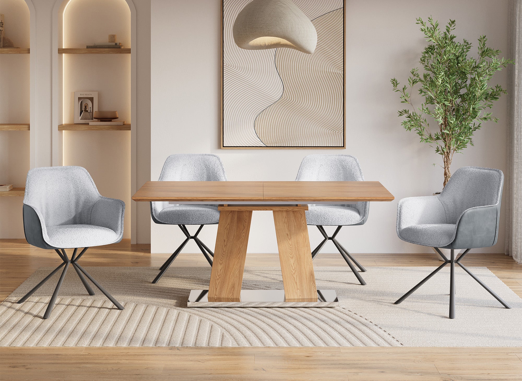 Juego de 2 sillas PIRO con reposabrazos, tapizadas en tela rizada y piel sintética gris.