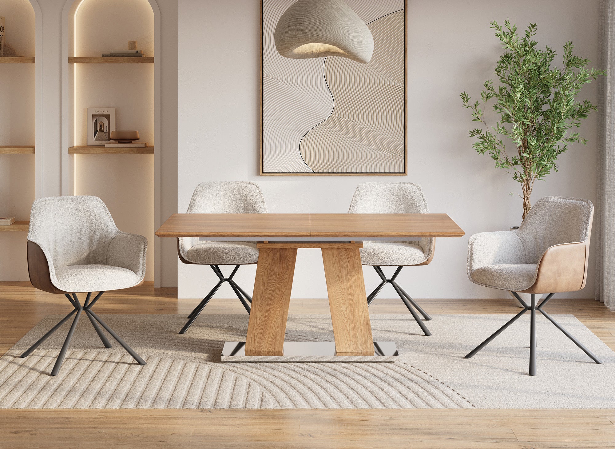 Juego de 2 sillas PIRO con reposabrazos en tela bouclé beige y piel sintética marrón