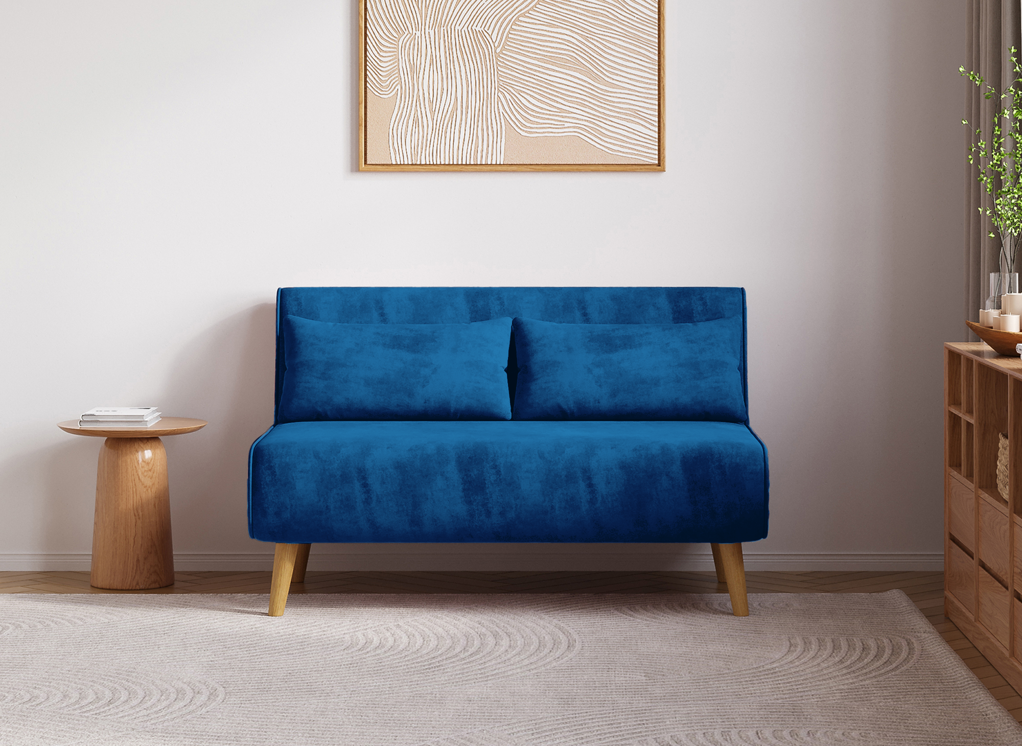 Sofá cama TONKA de 2 plazas en terciopelo azul
