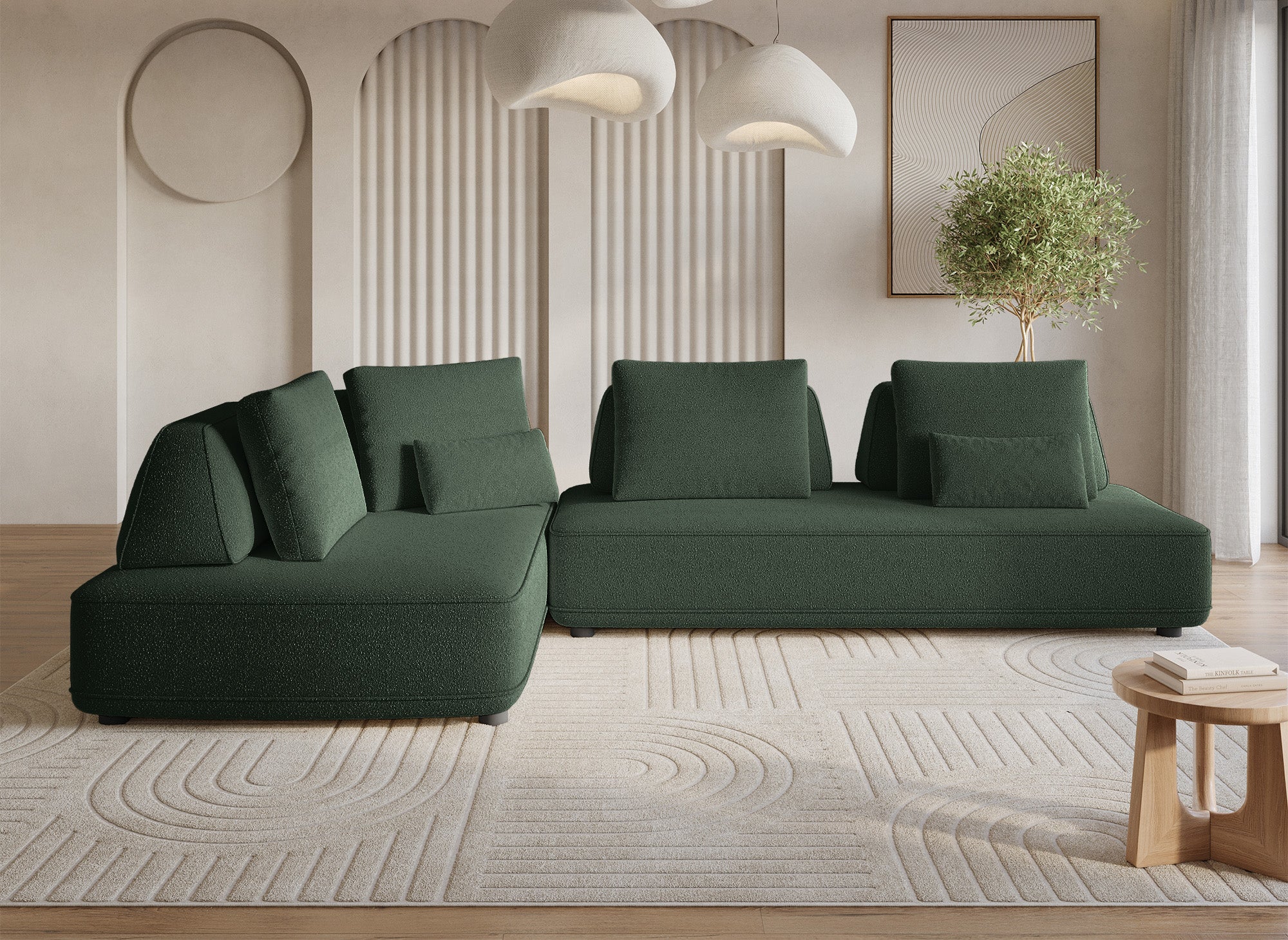 Sofá esquinero reversible ISAORA en tejido bouclé verde caqui