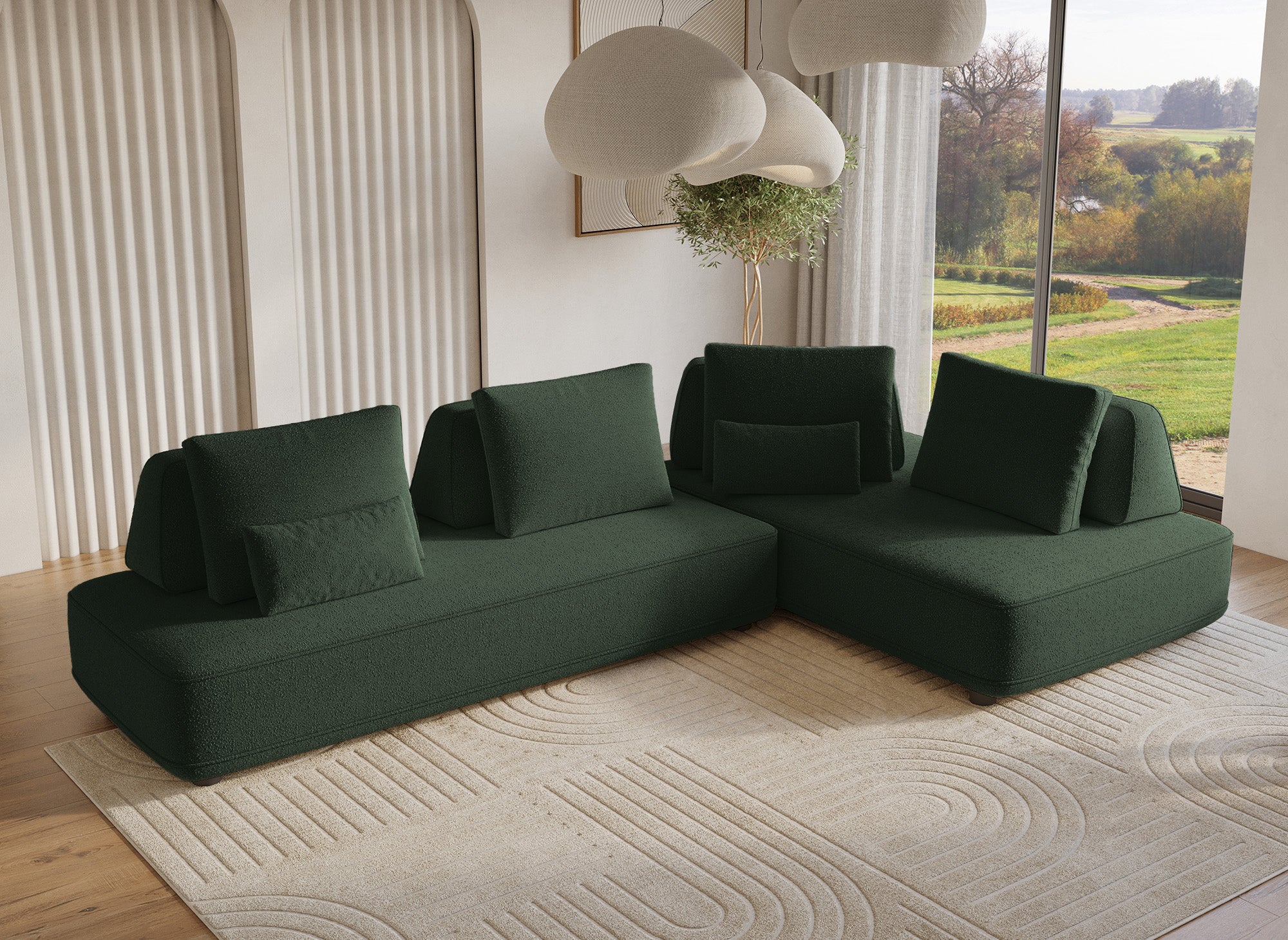 Sofá esquinero reversible ISAORA en tejido bouclé verde caqui