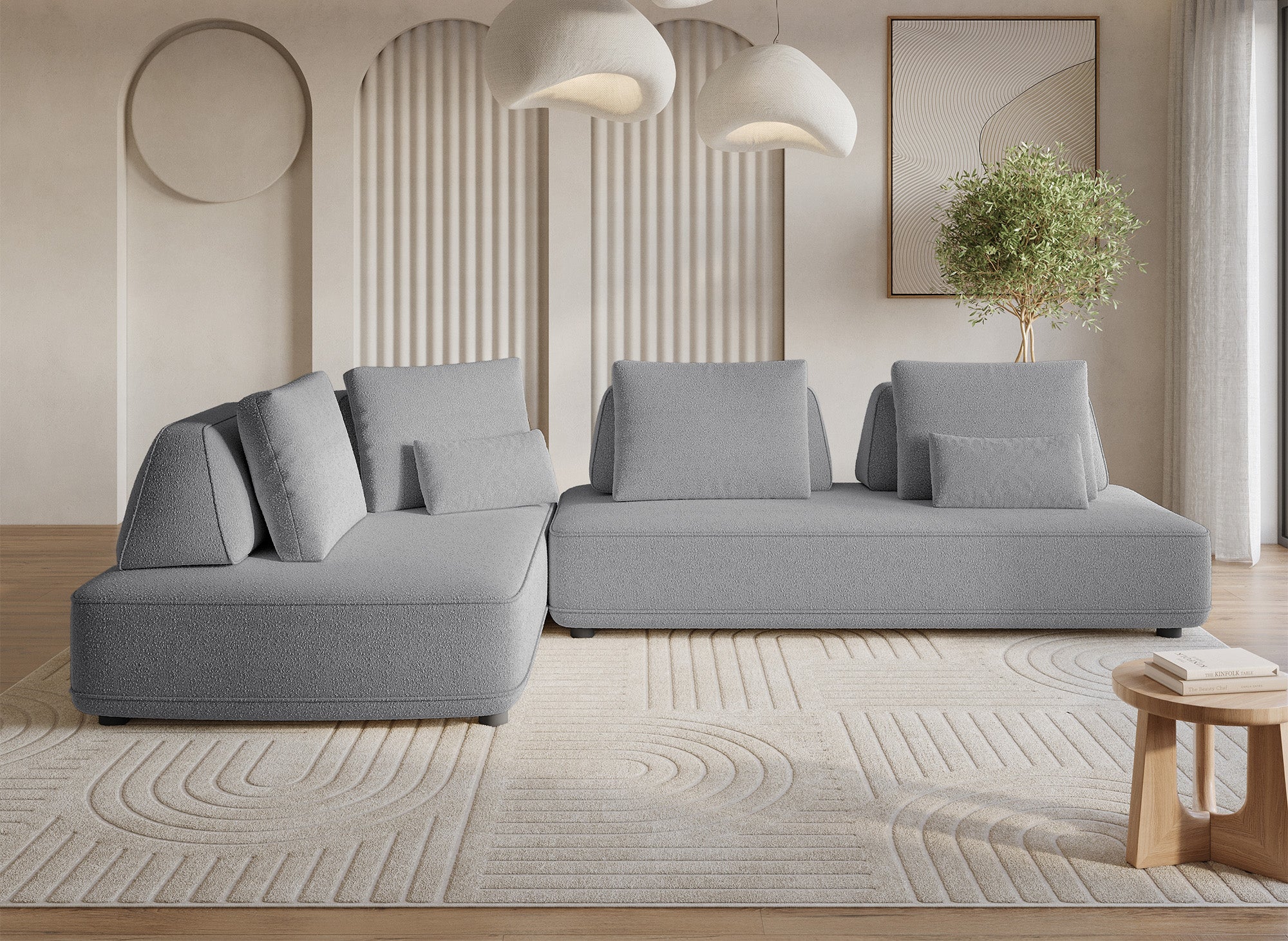 Sofá esquinero reversible ISAORA en tejido bouclé gris