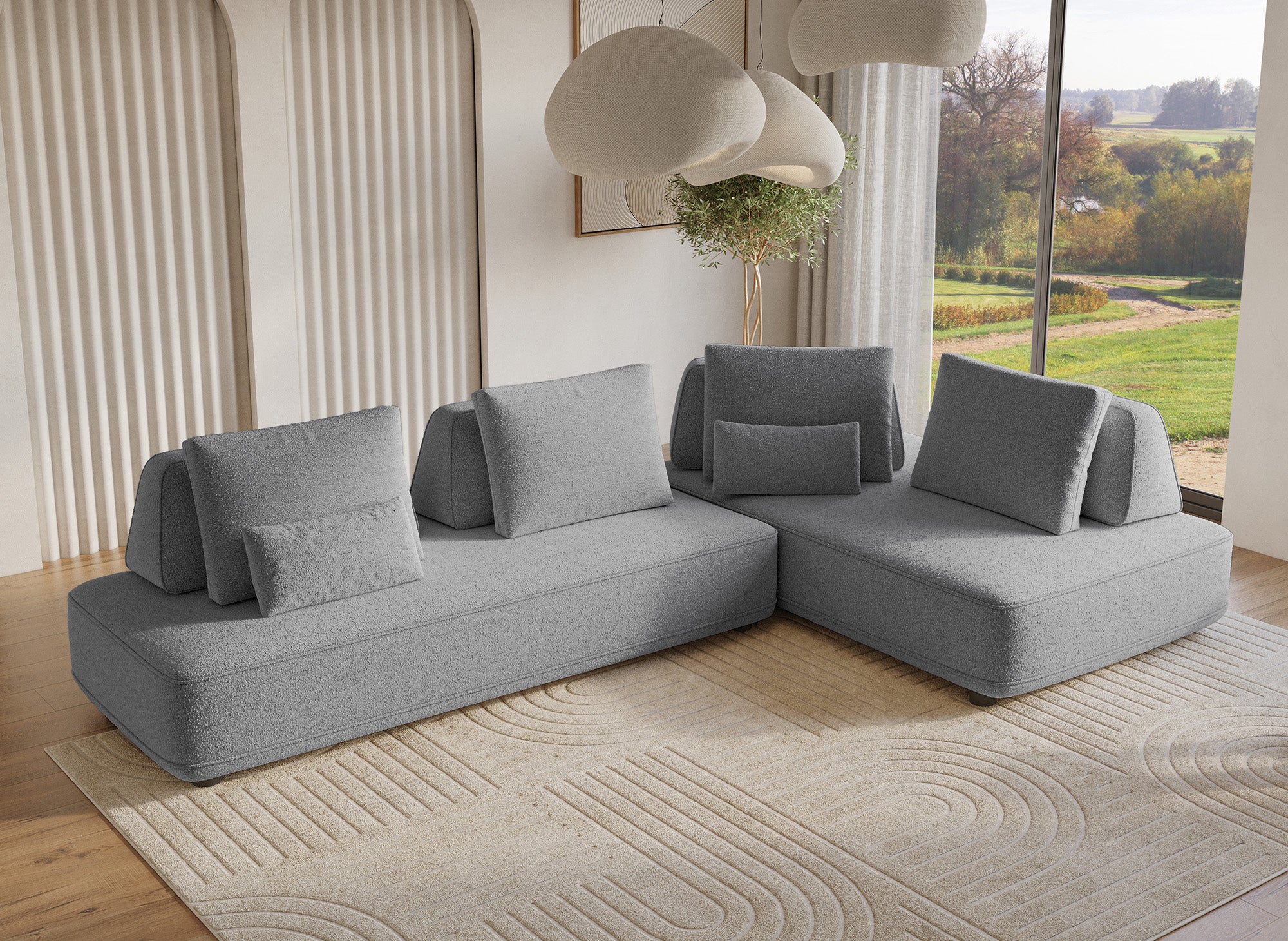 Sofá esquinero reversible ISAORA en tejido bouclé gris