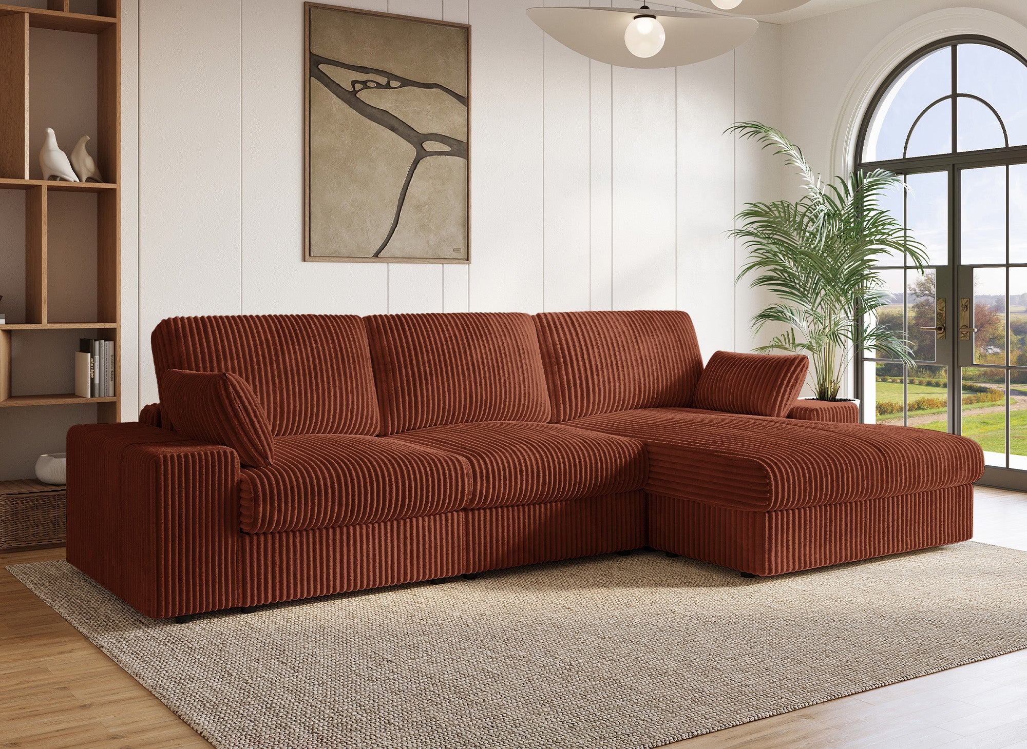 Sofá esquinero reversible SIRINA en suave piel gruesa acanalada color terracota