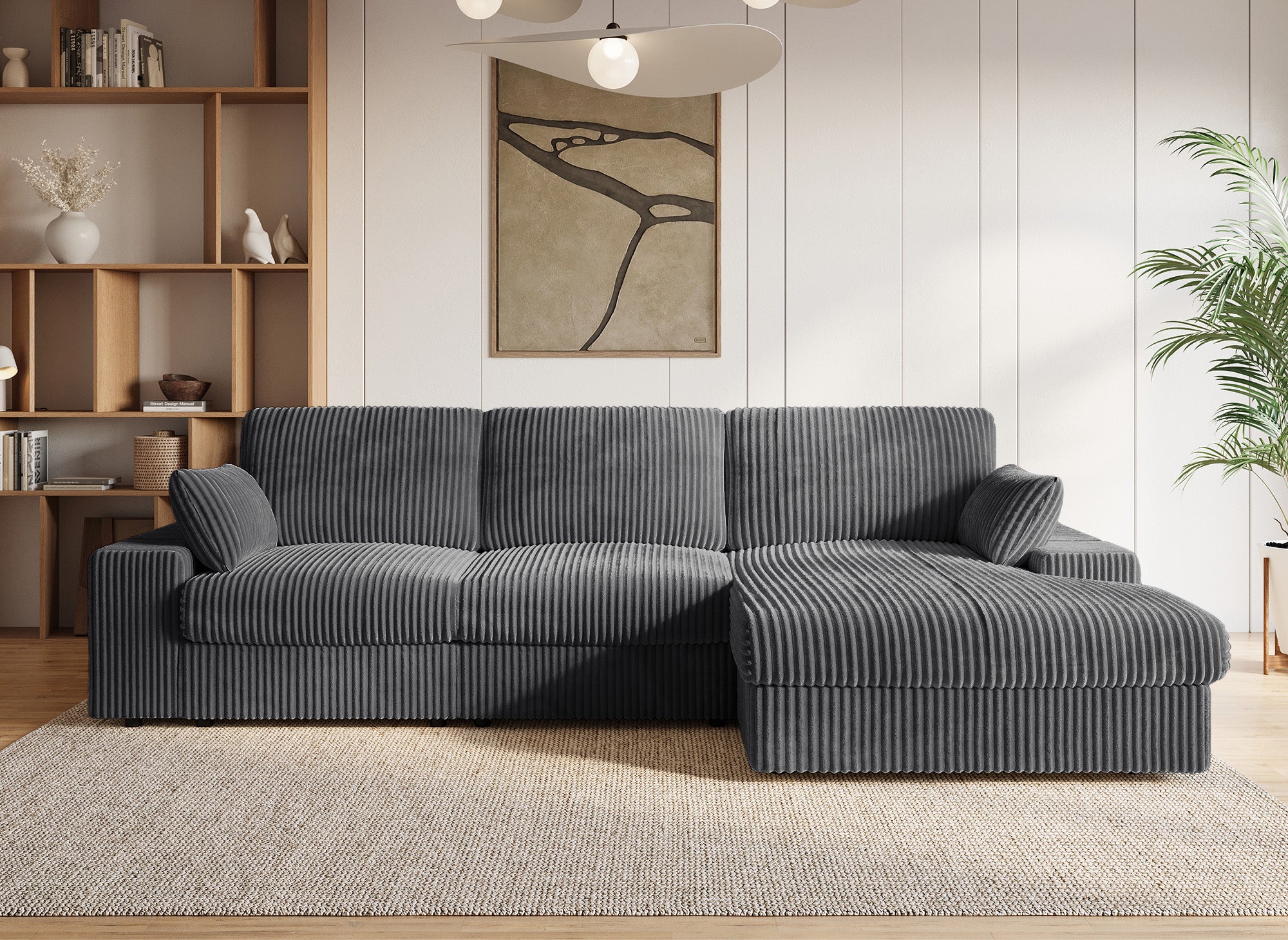 Sofá esquinero reversible SIRINA en suave tejido acanalado gris