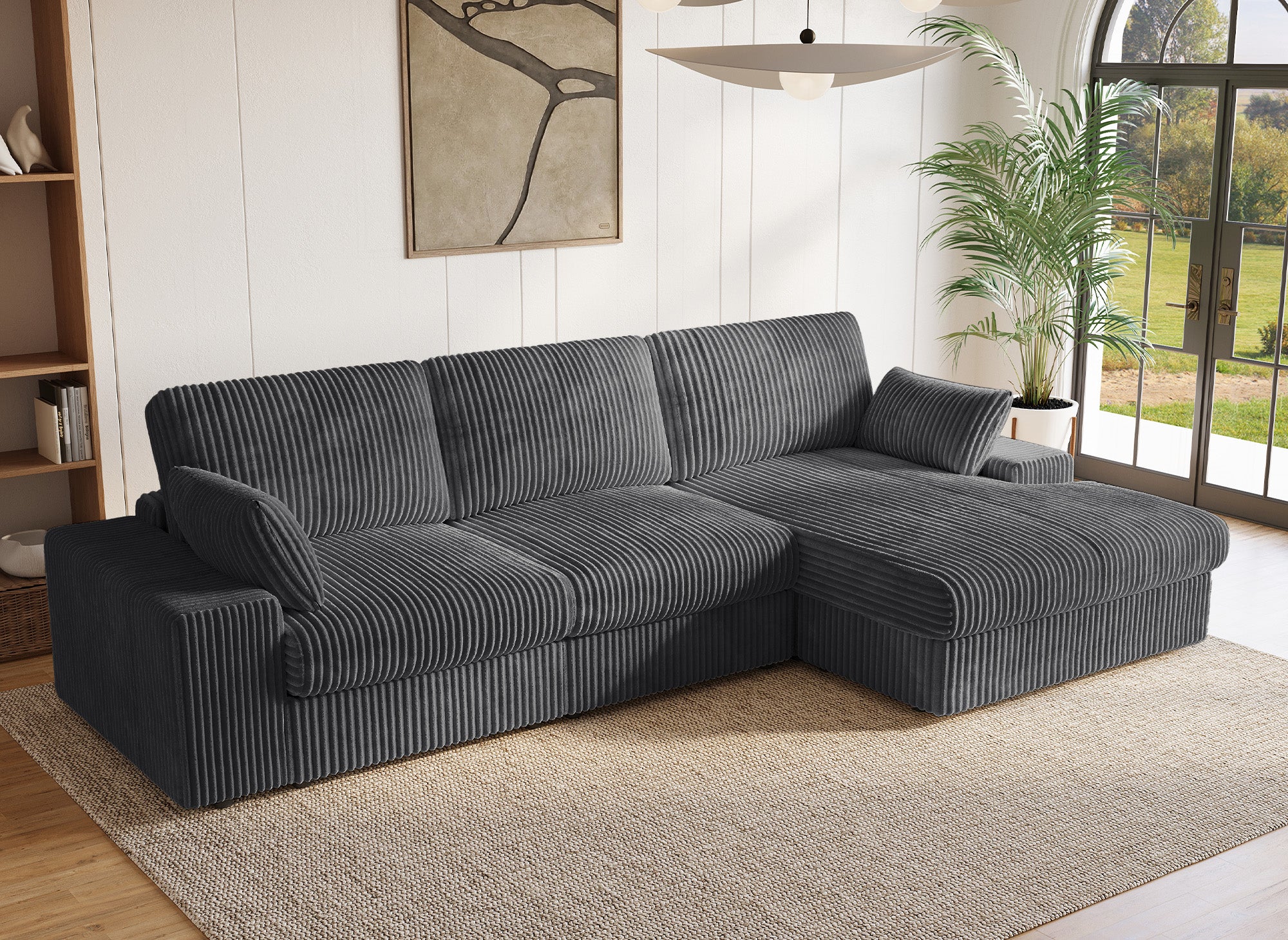 Sofá esquinero reversible SIRINA en suave tejido acanalado gris