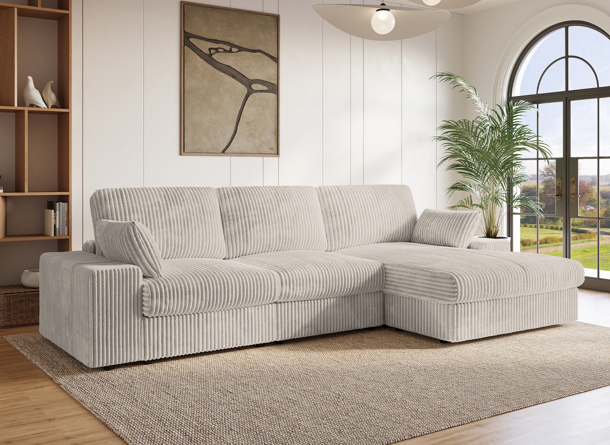 Sofá esquinero reversible SIRINA en suave tejido acanalado beige