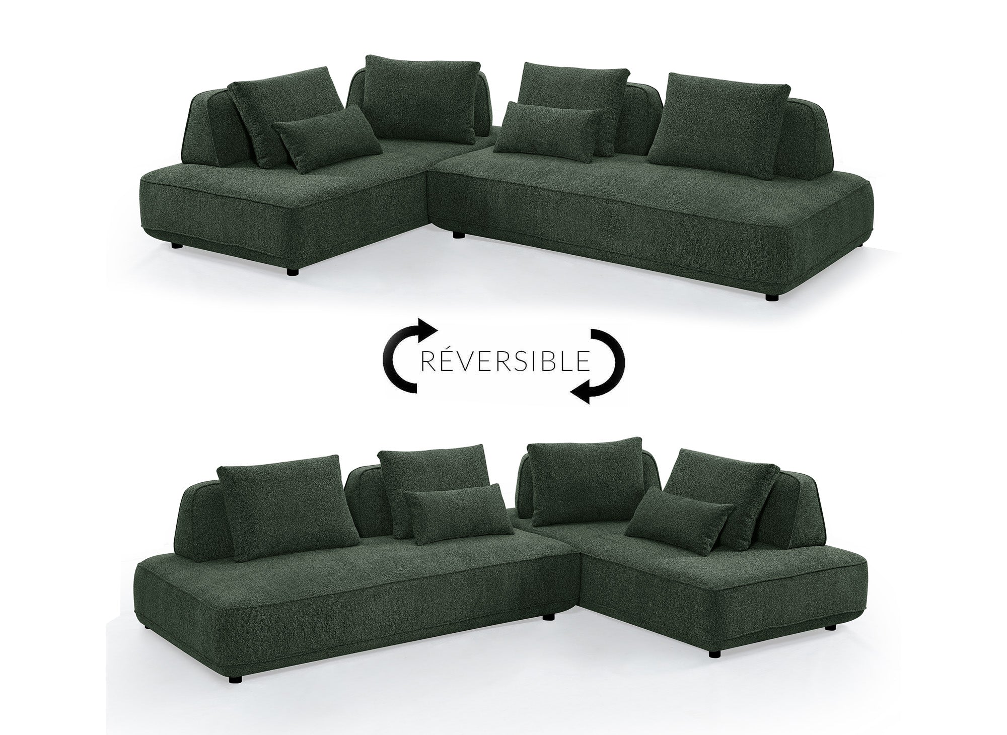 Sofá esquinero reversible ISAORA en tejido bouclé verde caqui