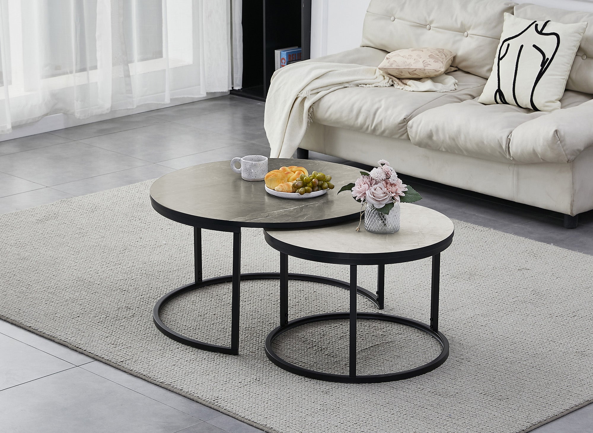 Juego de 2 mesas de centro redondas apilables con efecto mármol, DORINE