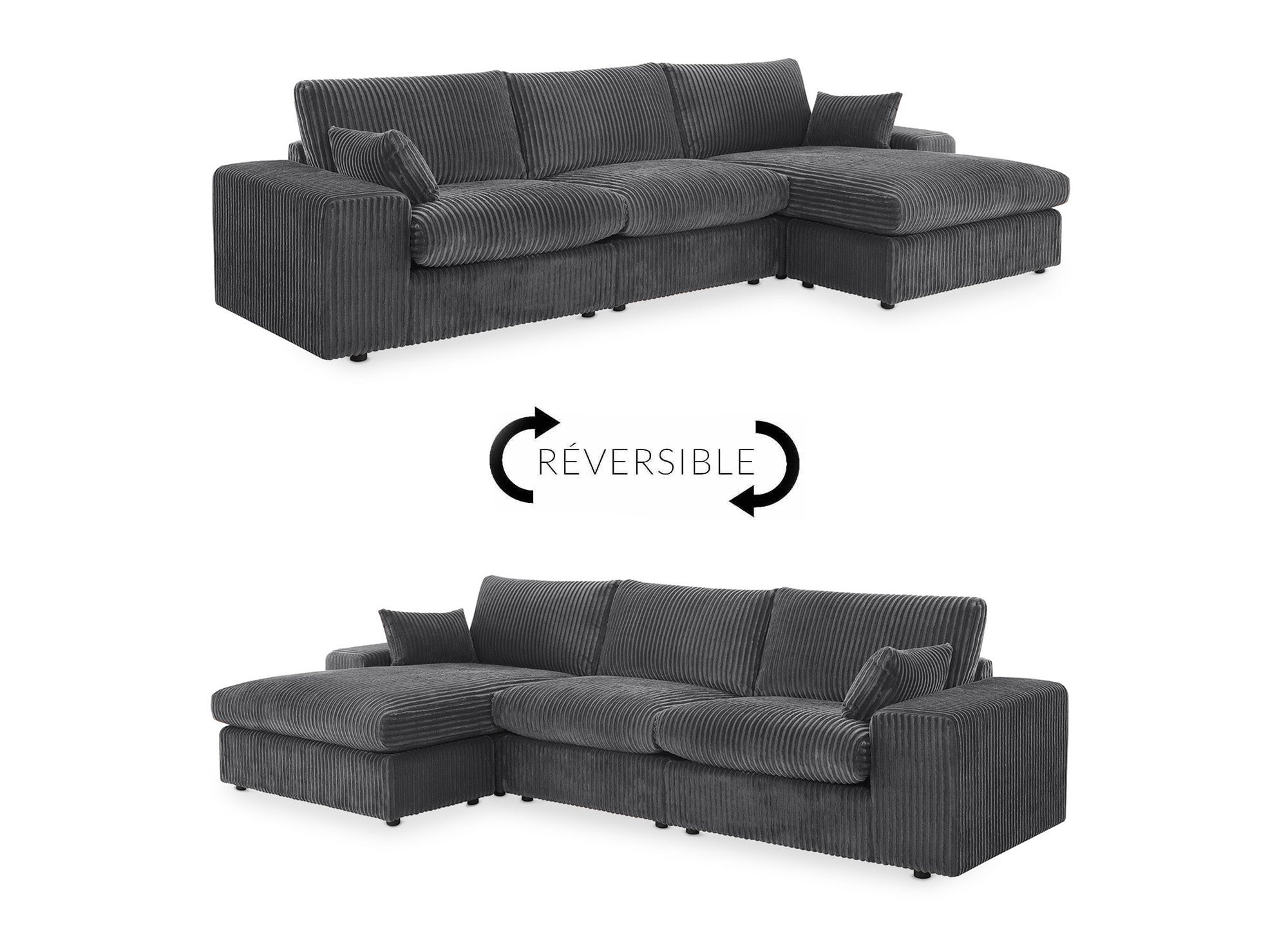 Sofá esquinero reversible SIRINA en suave tejido acanalado gris