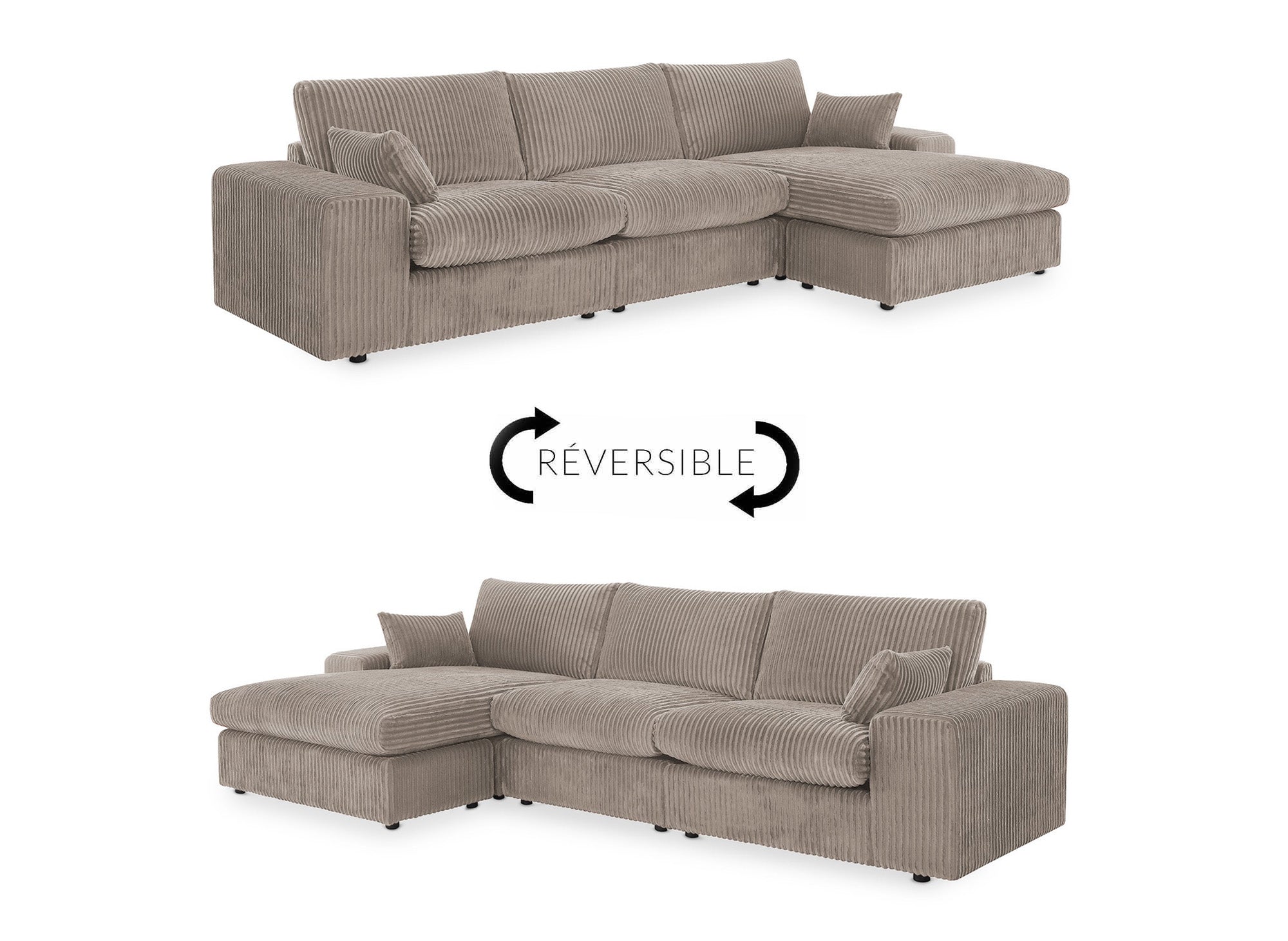 Sofá esquinero reversible SIRINA en suave tejido acanalado color topo