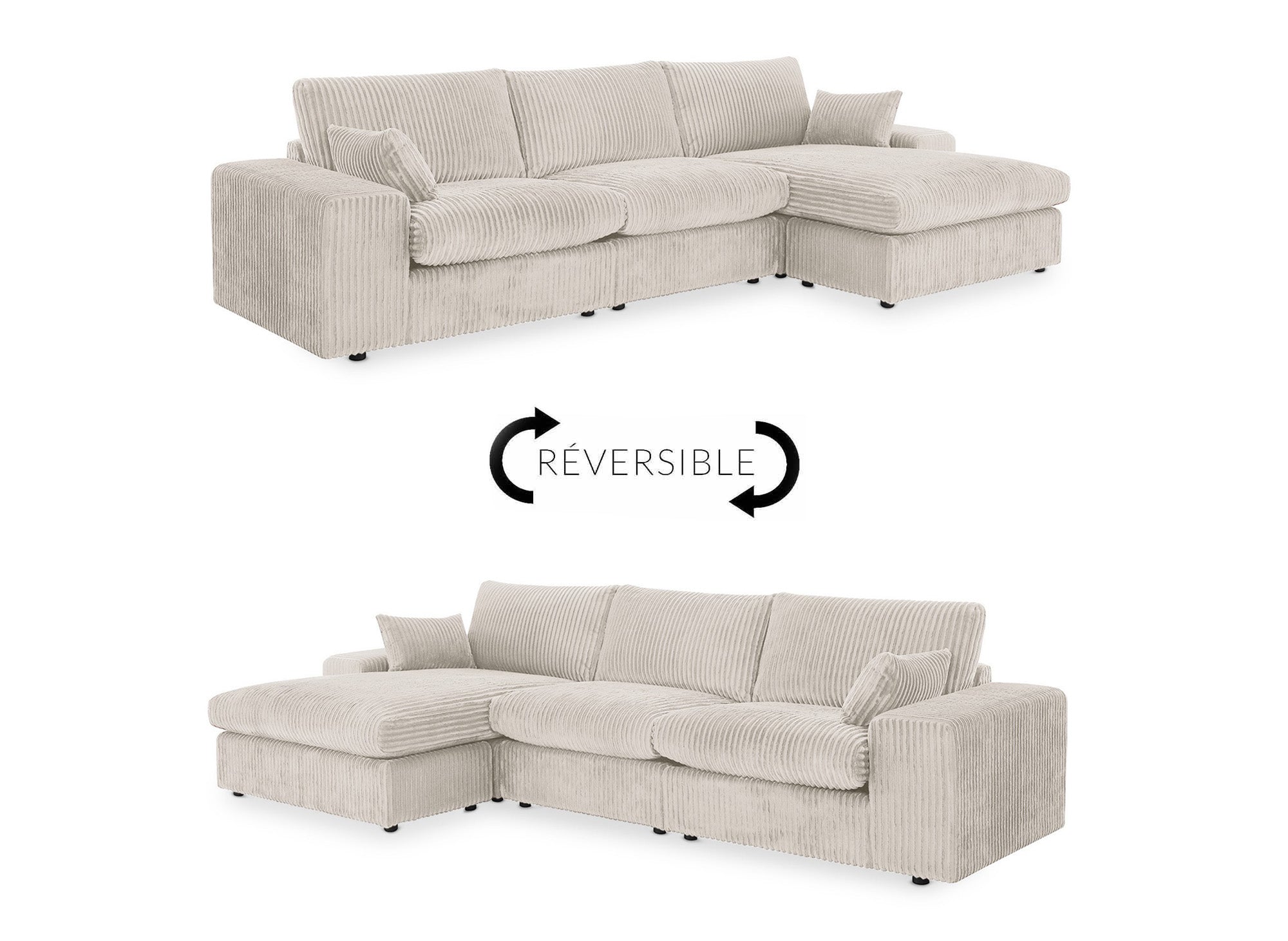 Sofá esquinero reversible SIRINA en suave tejido acanalado beige