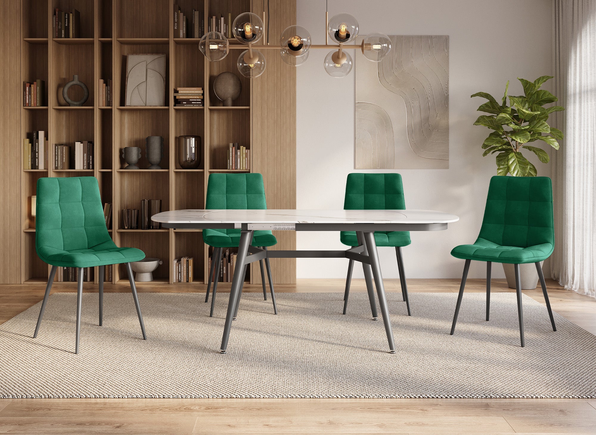 Juego de 4 sillas JEREMI tapizadas en terciopelo verde.