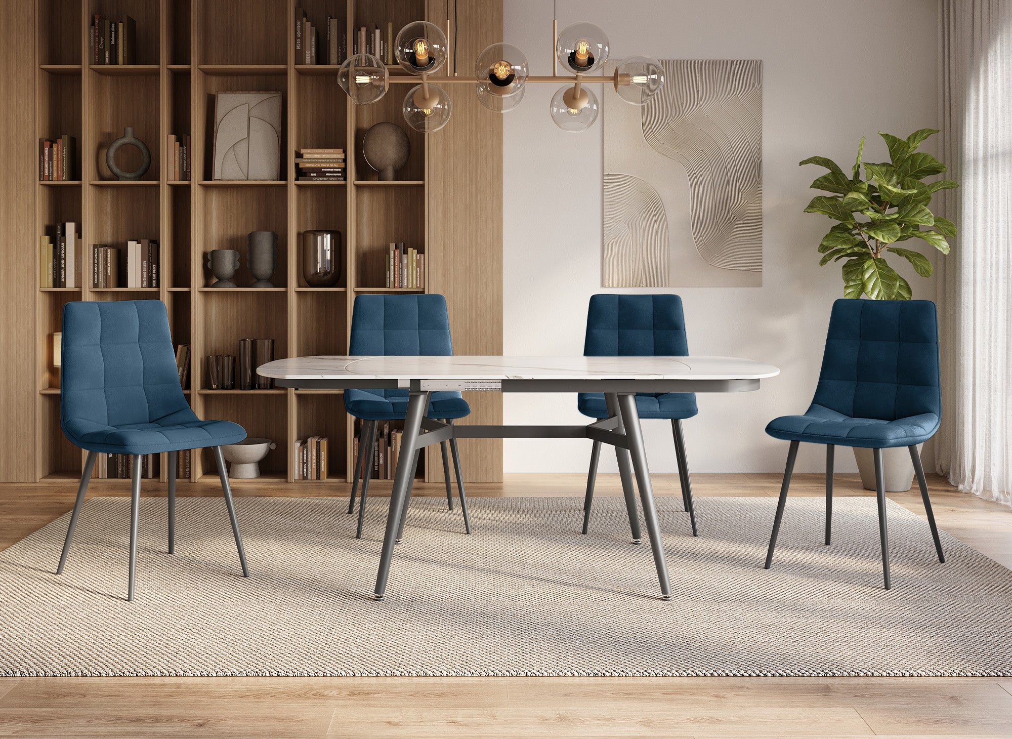 Juego de 4 sillas JEREMI tapizadas en terciopelo azul.