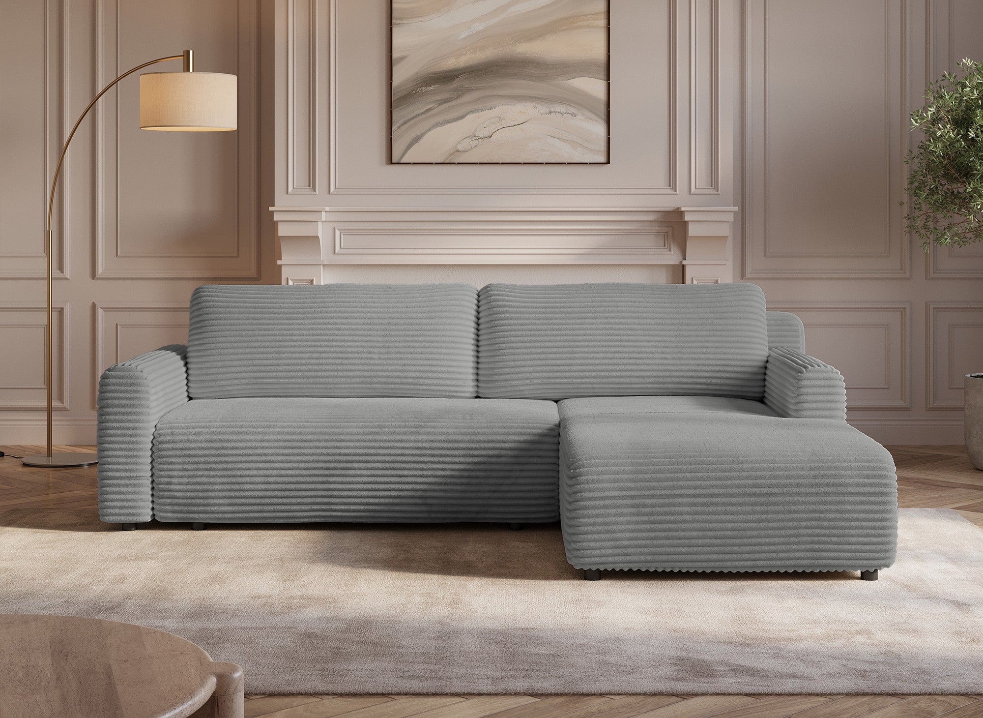 Sofá esquinero reversible y convertible KATIA con almacenaje en pana gruesa gris claro