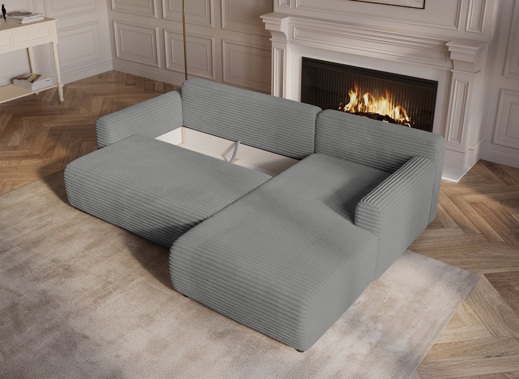 Sofá esquinero reversible y convertible KATIA con almacenaje en pana gruesa gris claro