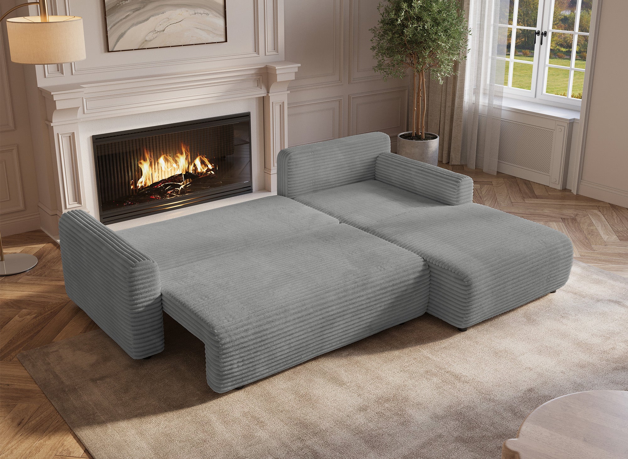 Sofá esquinero reversible y convertible KATIA con almacenaje en pana gruesa gris claro