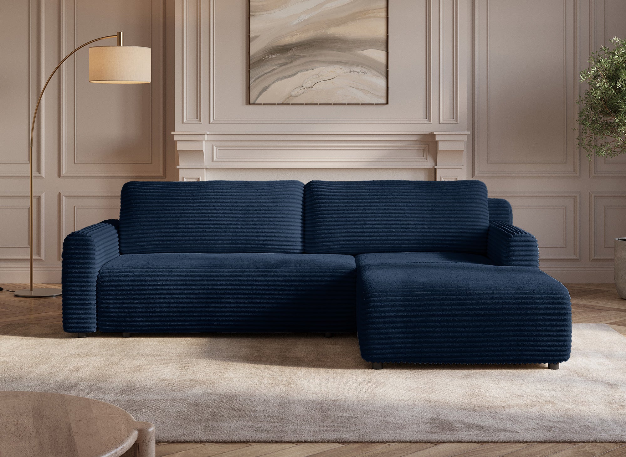 Sofá esquinero reversible y convertible KATIA con almacenaje en pana gruesa azul oscuro