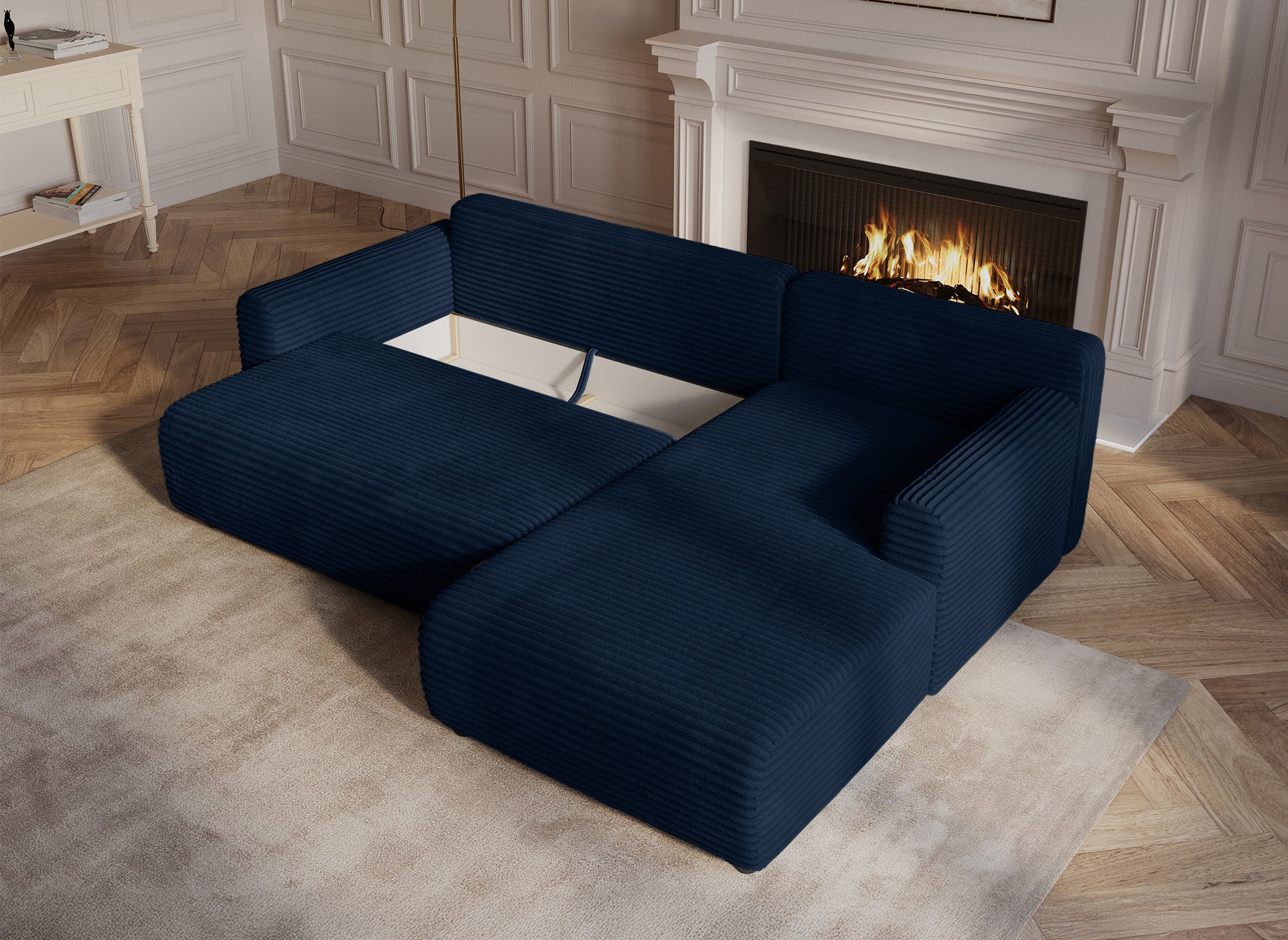 Sofá esquinero reversible y convertible KATIA con almacenaje en pana gruesa azul oscuro