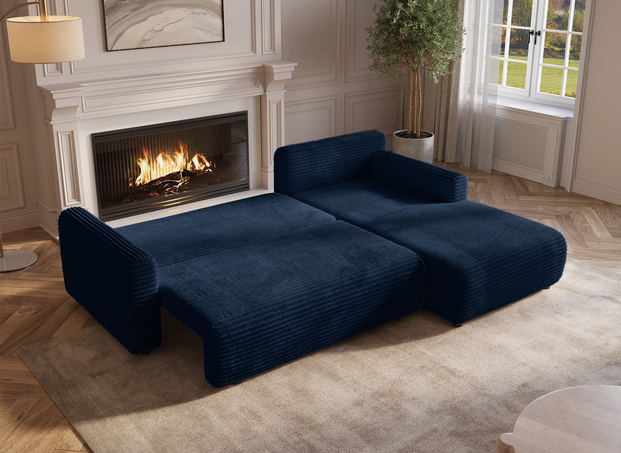 Sofá esquinero reversible y convertible KATIA con almacenaje en pana gruesa azul oscuro