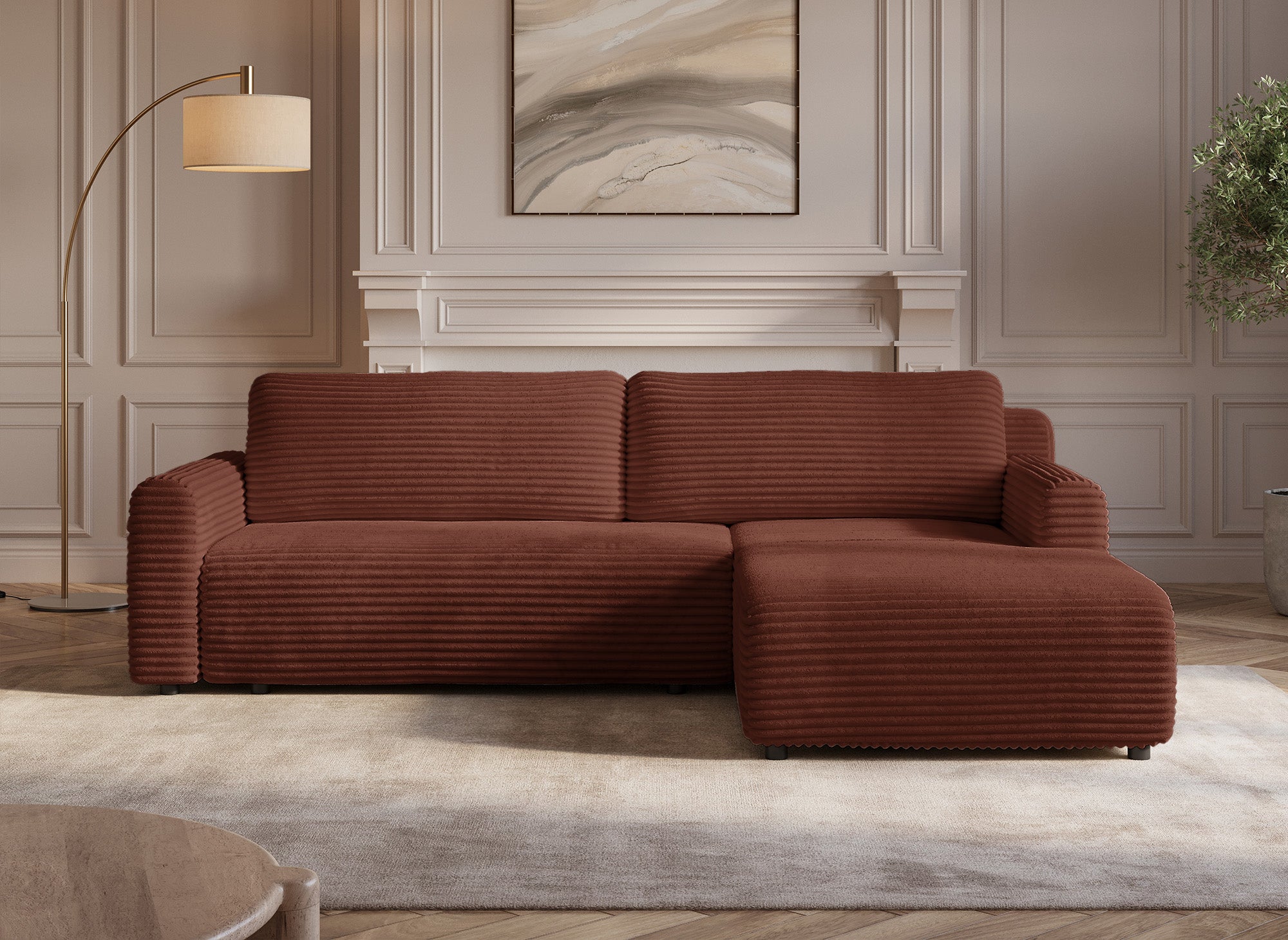 Sofá esquinero reversible y convertible KATIA con almacenaje en pana gruesa color terracota